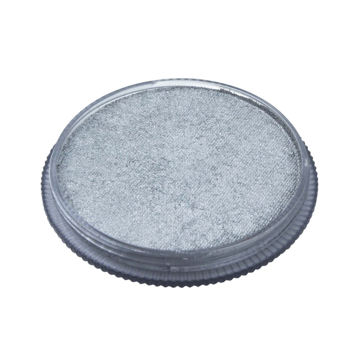 open pot of metallic silver face paint