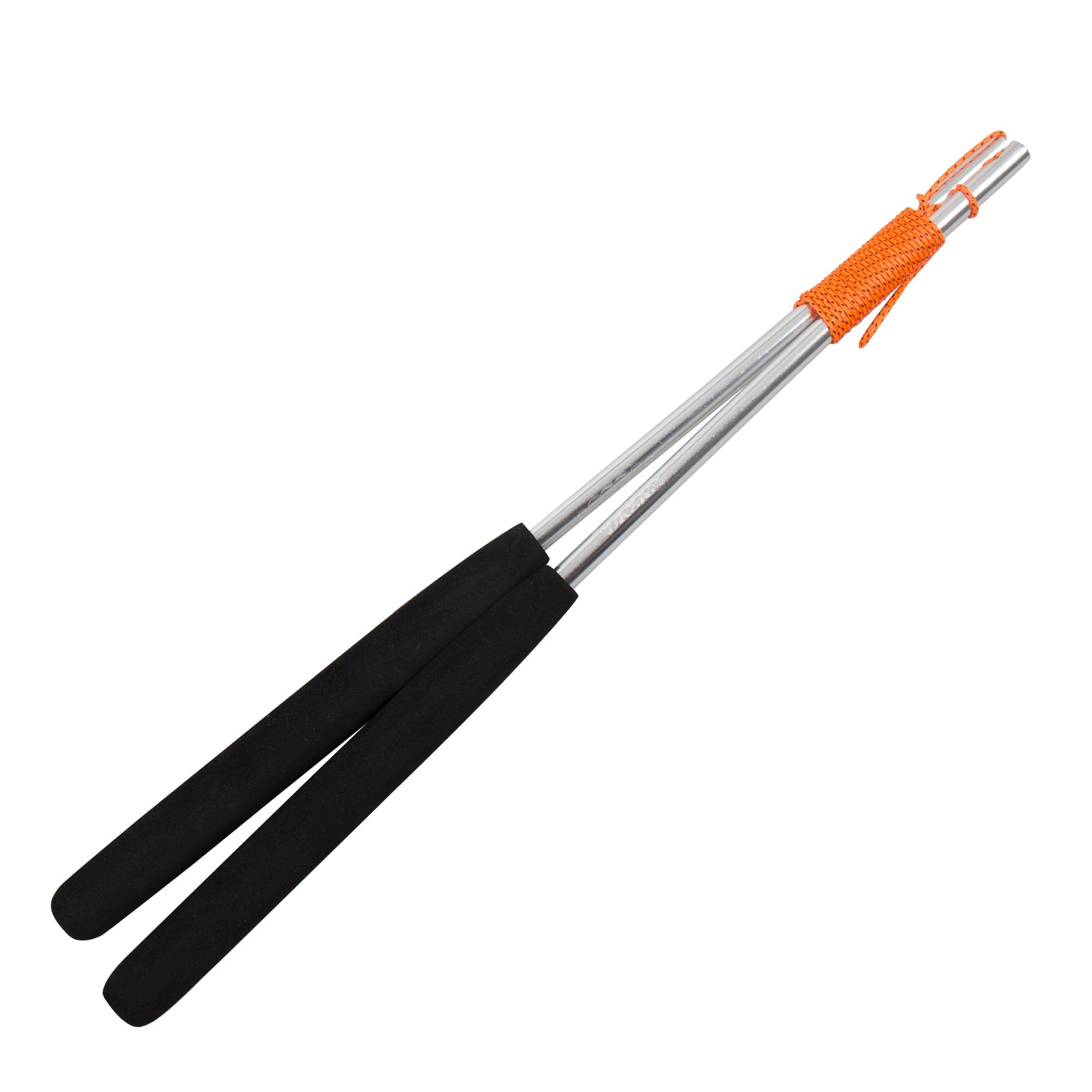 A pair of aluminium diabolo handsticks with black foam handles and orange string.