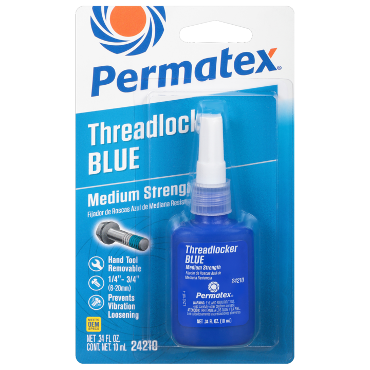 A bottle of Permatex medium strength threadlocker in blue color, packaged in a blister pack with product information.