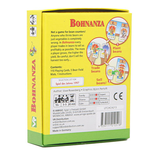 Bohnanza card game box with yellow and green design