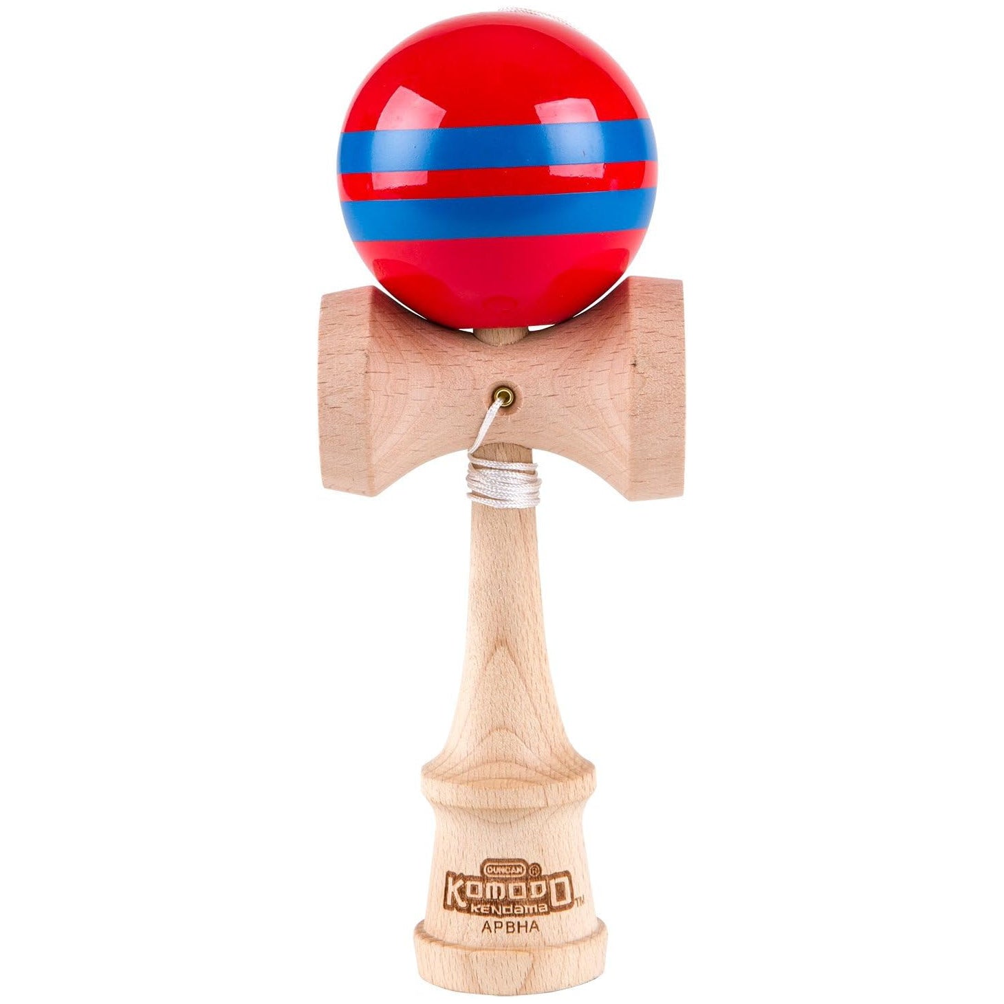 Duncan Komodo Kendama, featuring a wooden handle and a blue and red striped ball at the top.