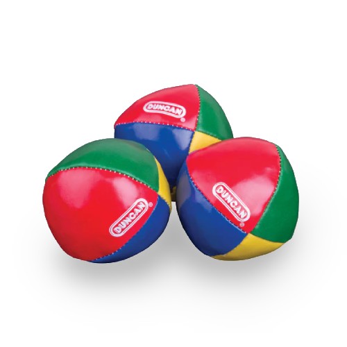 Three juggling balls with red, blue, yellow and green colors on a white background