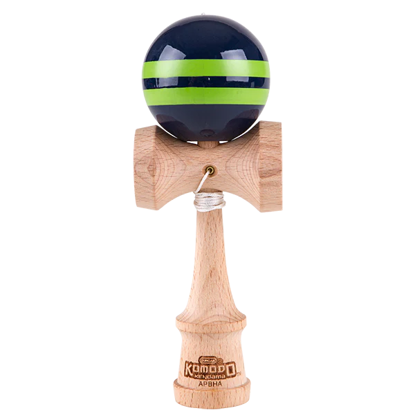Duncan Komodo Kendama, featuring a wooden handle and a navy blue and green striped ball at the top.