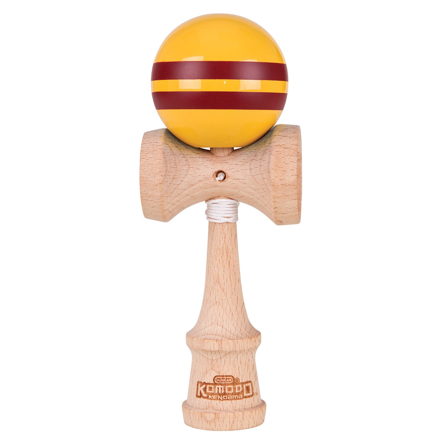 Duncan Komodo Kendama, featuring a wooden handle and a yellow and red striped ball at the top.