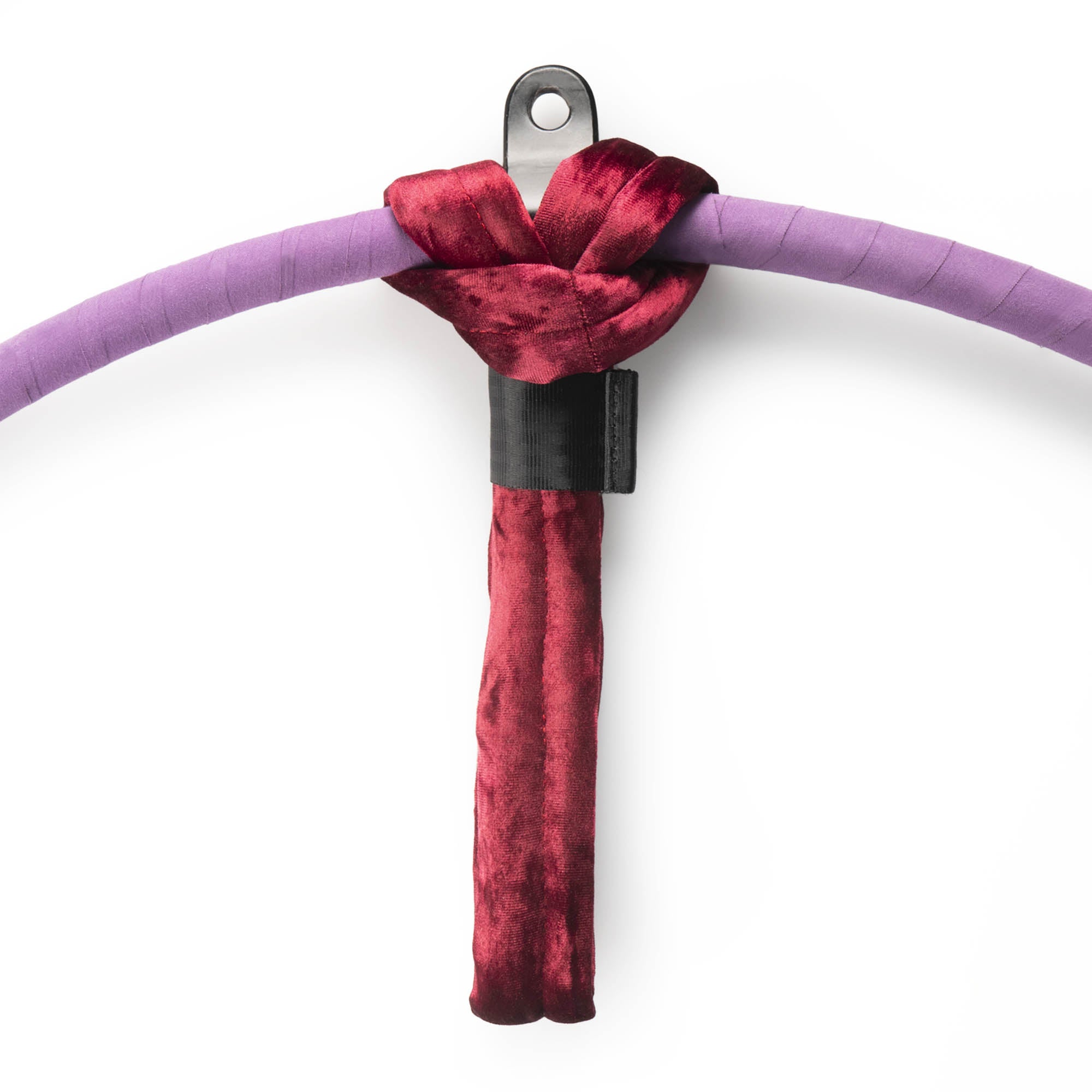 Burgundy velvet hand loop attached to one point aerial hoop