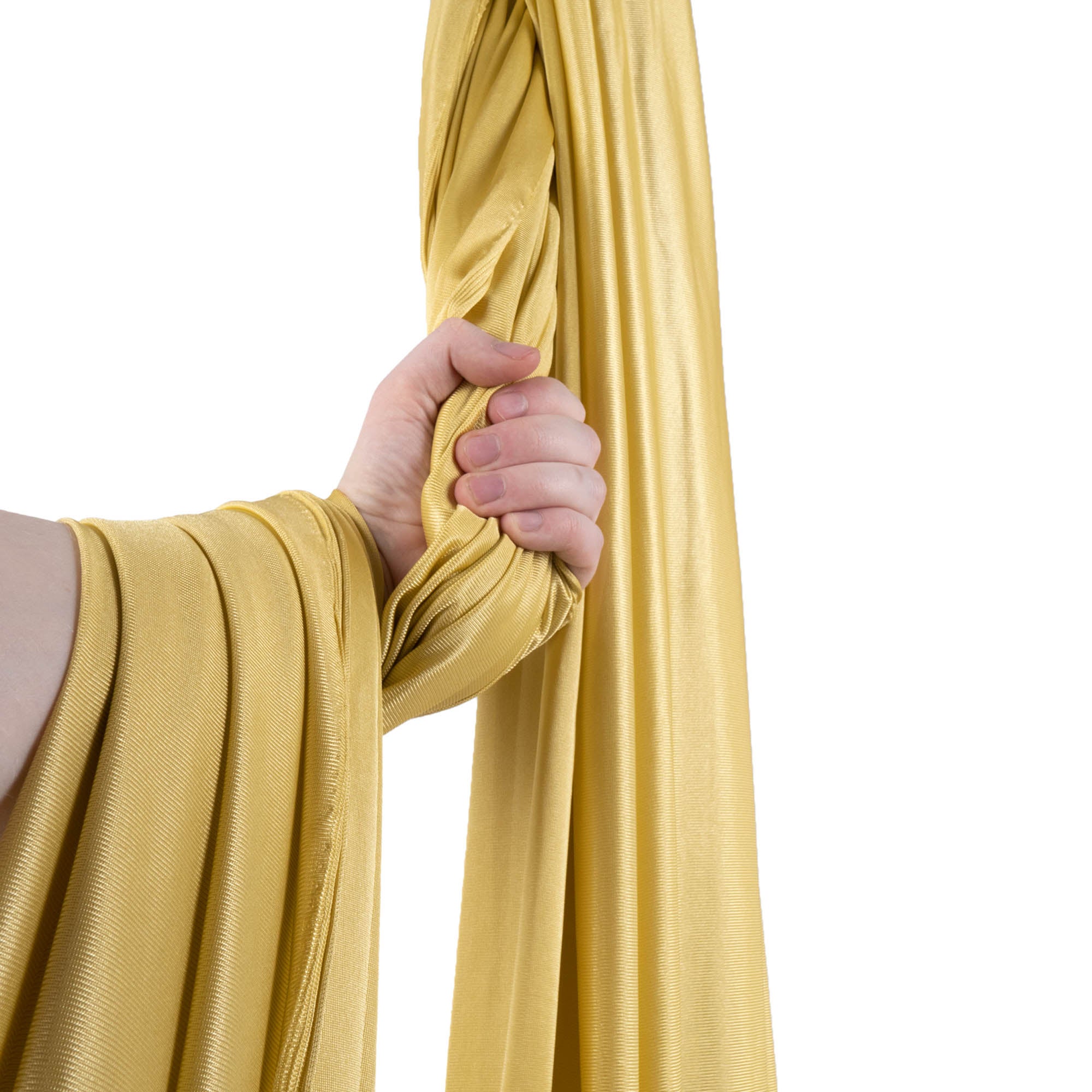 Gold yoga hammock wrapped around hand
