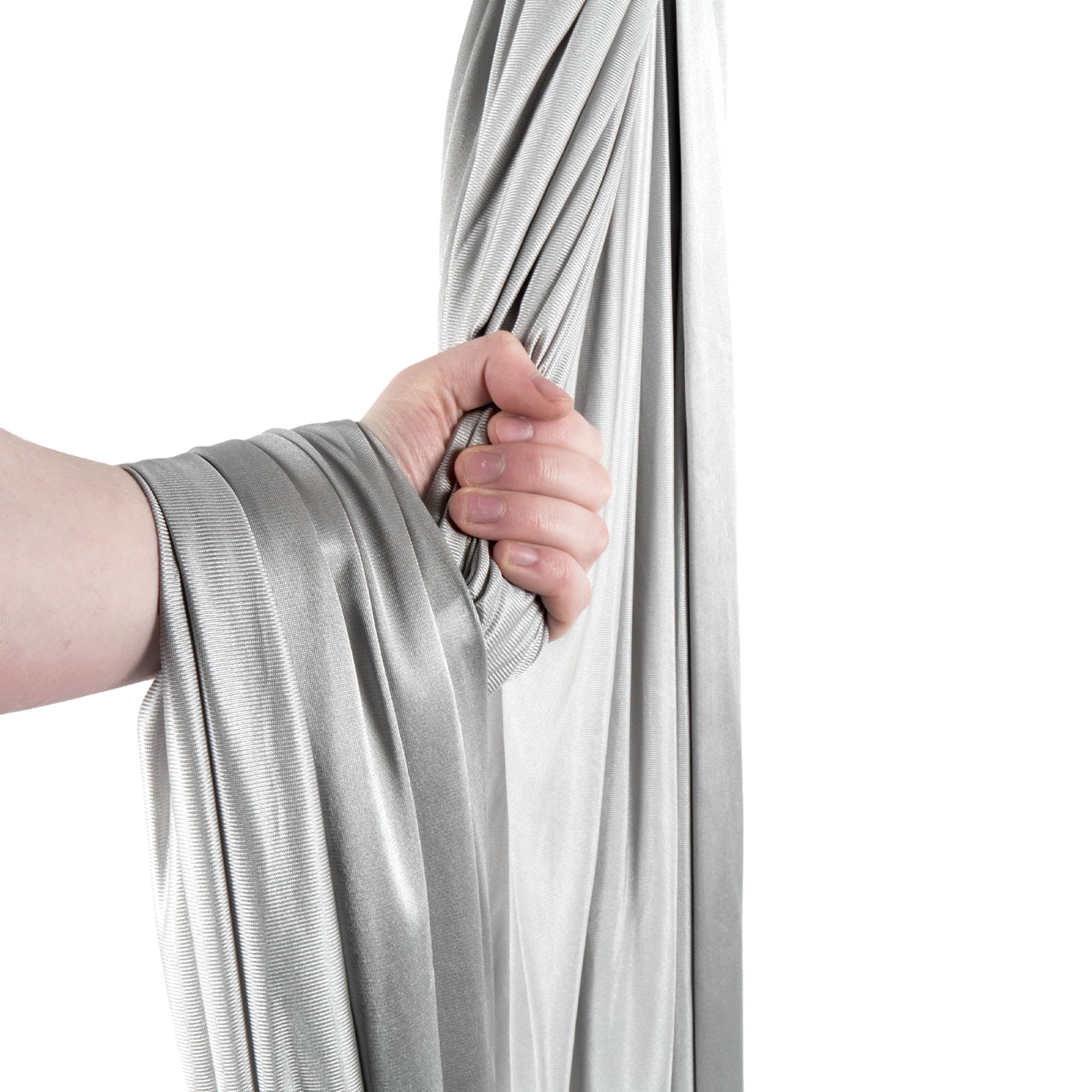 Silver yoga hammock wrapped around hand