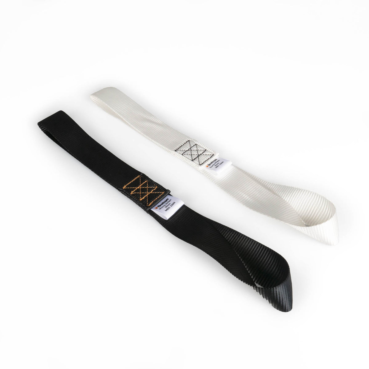 angle shot of a black shorty strap and a white shorty strap on a white background