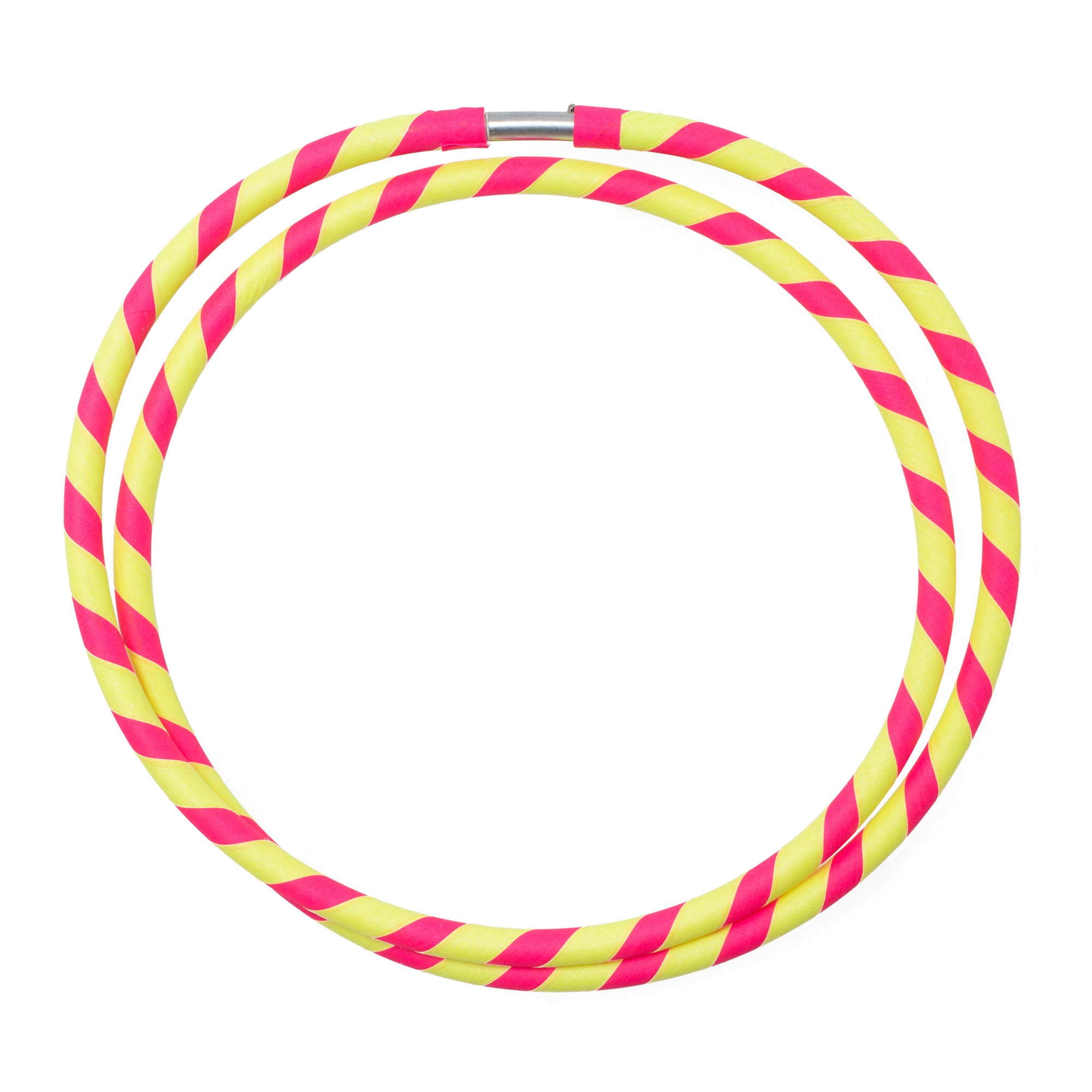 Folded pink and yellow hula hoop on a white background