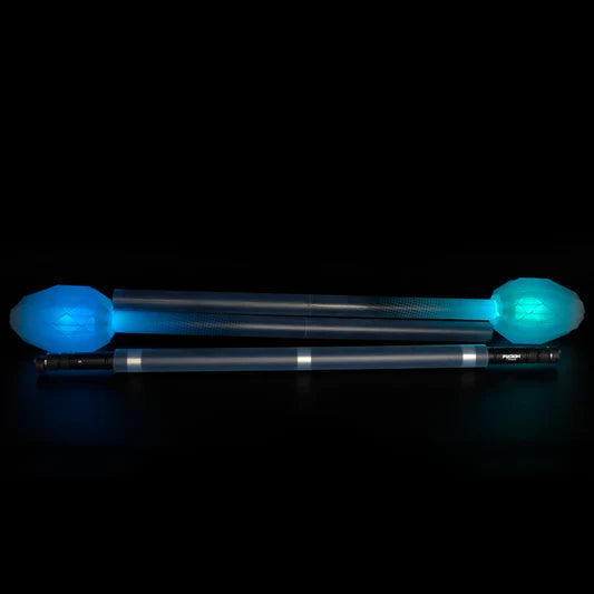 Two glowing ends with blue and green lights on a black background