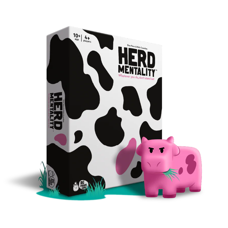 Board game box for 'Herd Mentality' with a pink cow figurine