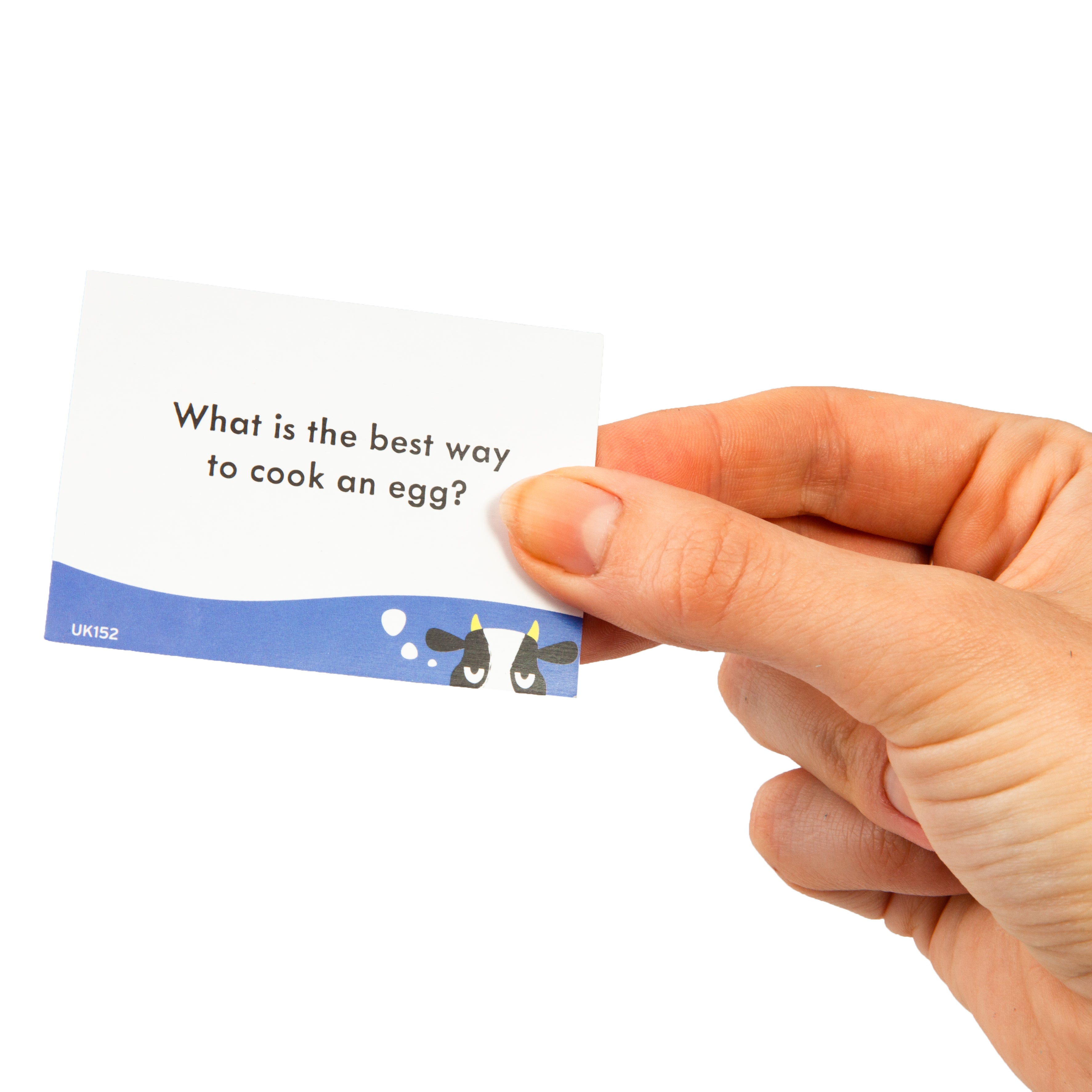 Hand holding a card with a question about cooking an egg on a white background