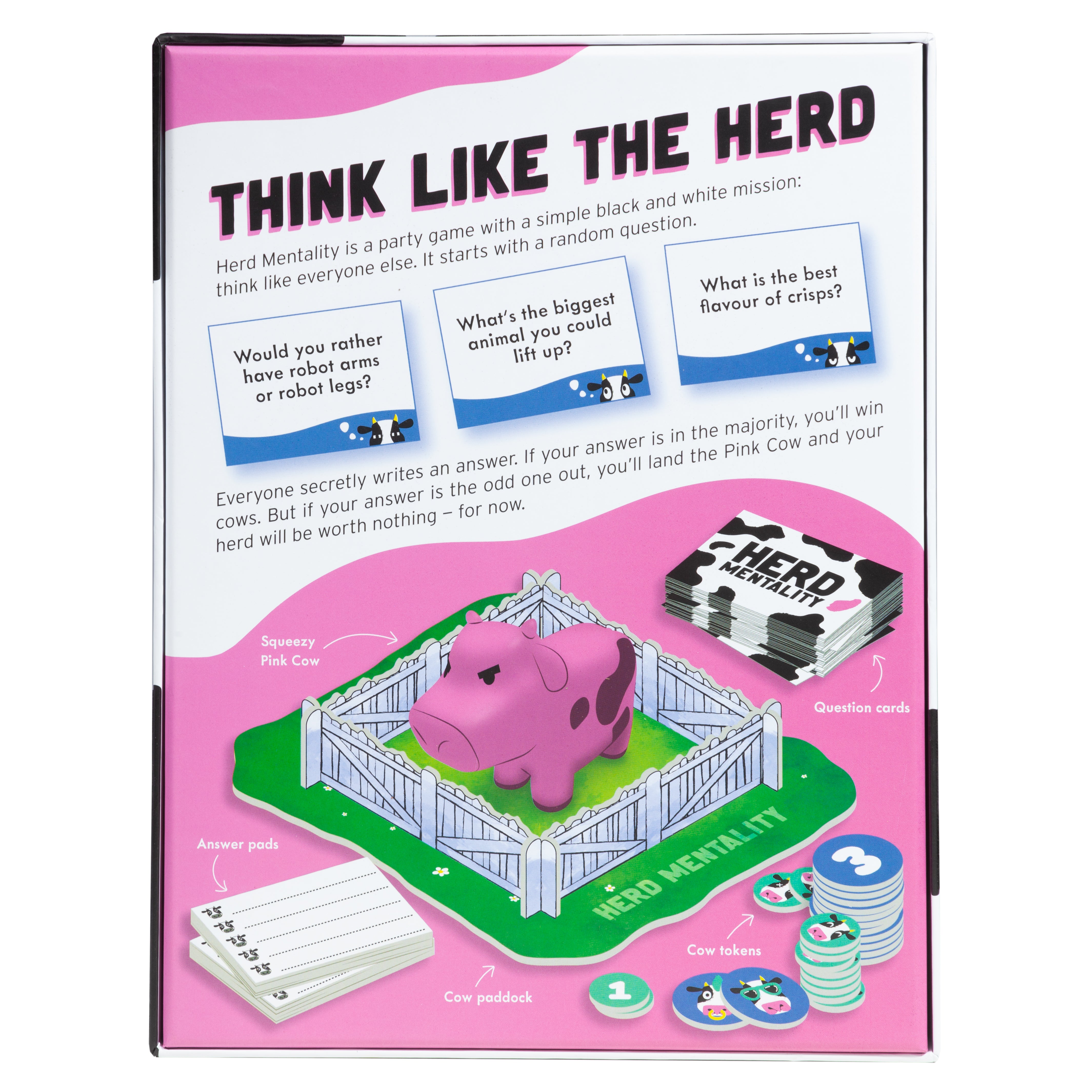 Game box for Herd Mentality with pink cow figure and question cards on a white background