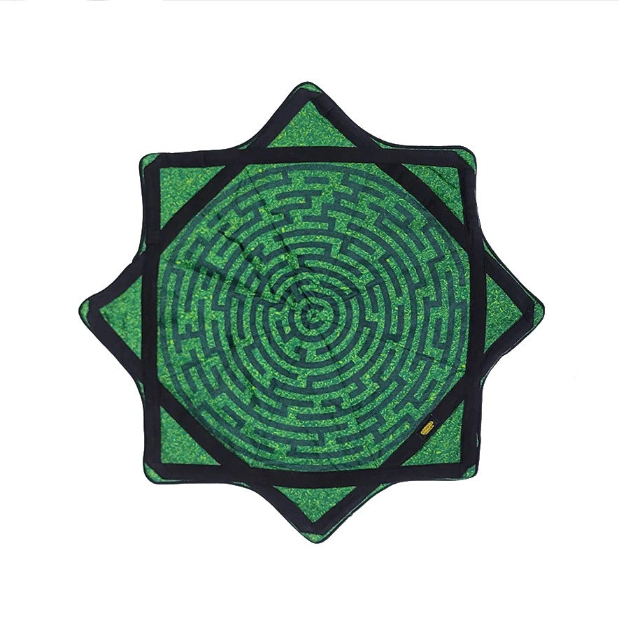 Green maze design on a white background