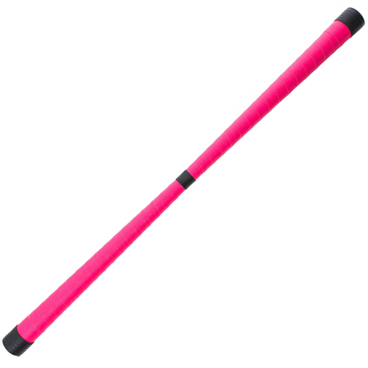 a bright pink devilstick with black ends and black centre point