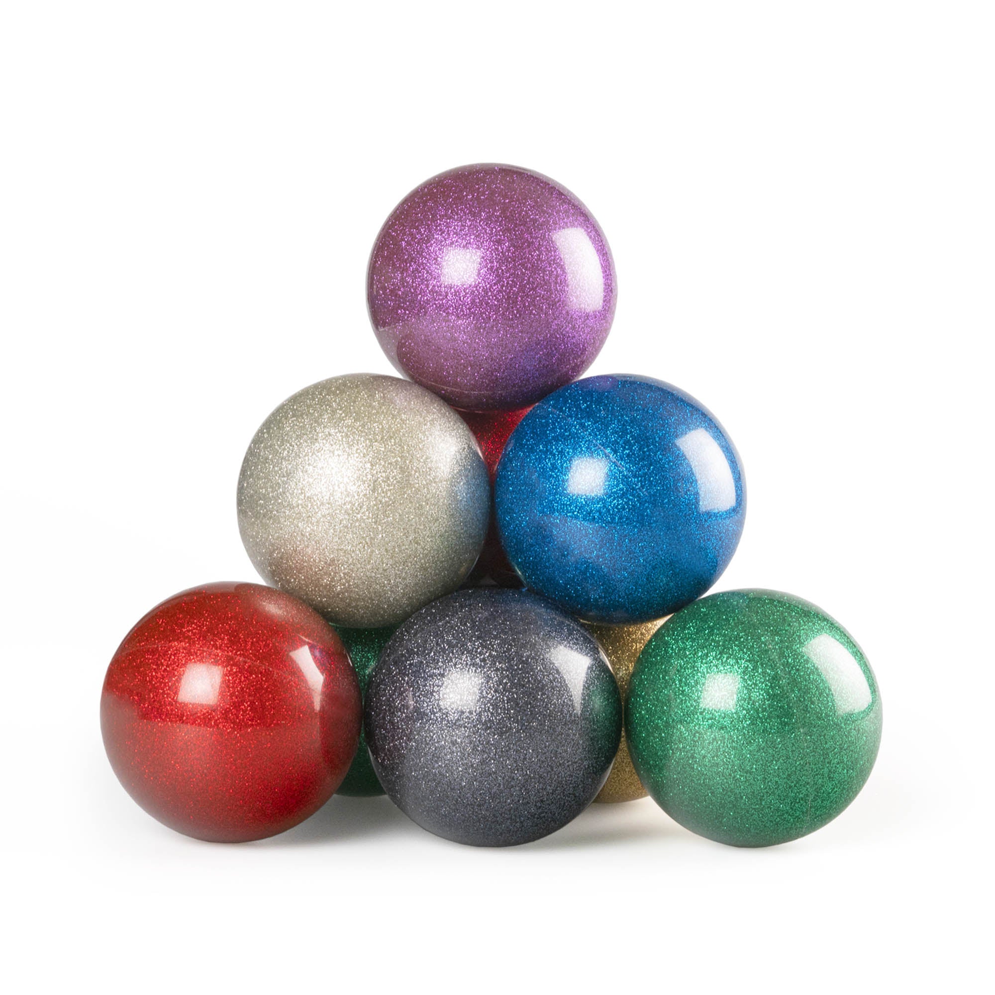 Colorful glittery balls stacked on a white background