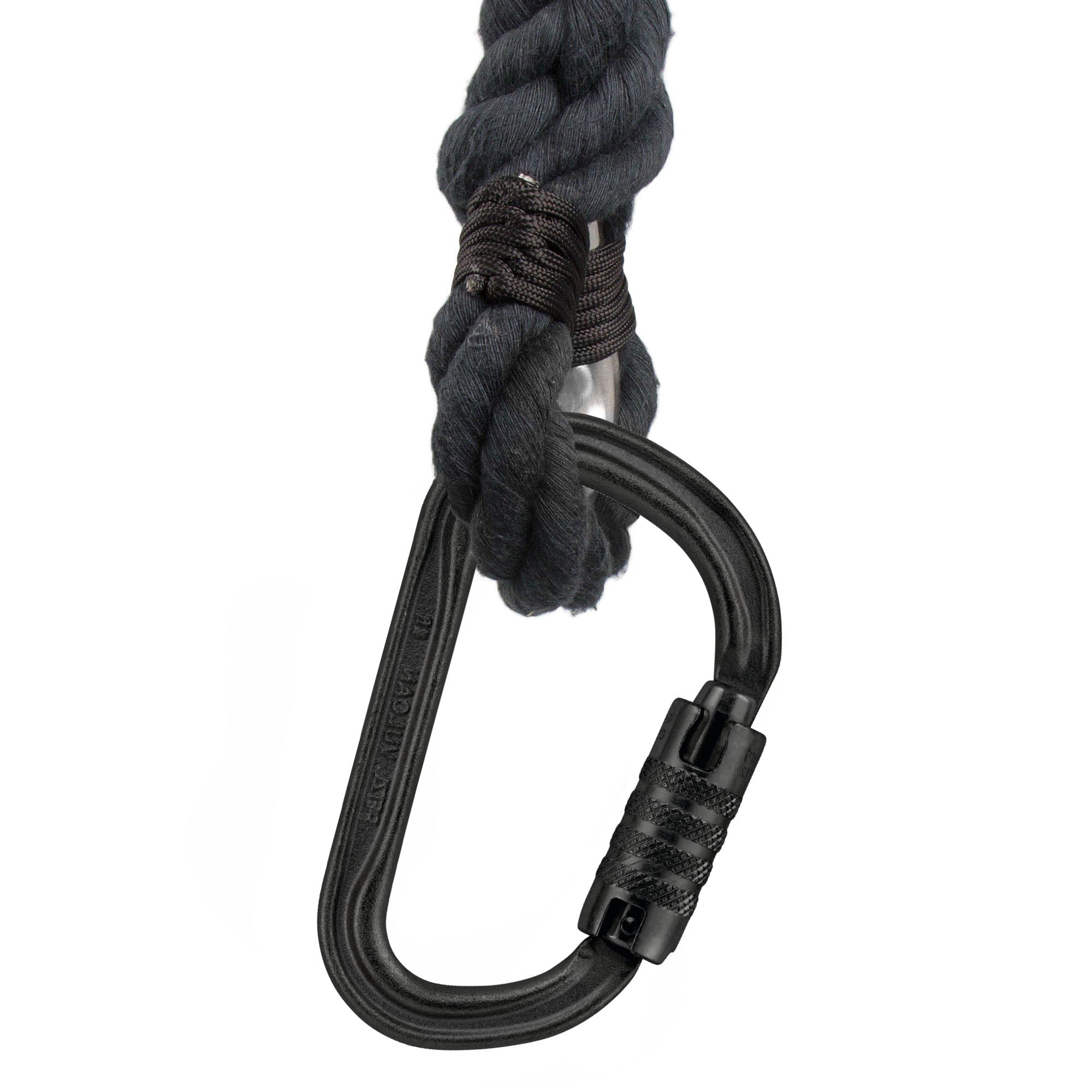 Black vulcan carabiner, attached to rope