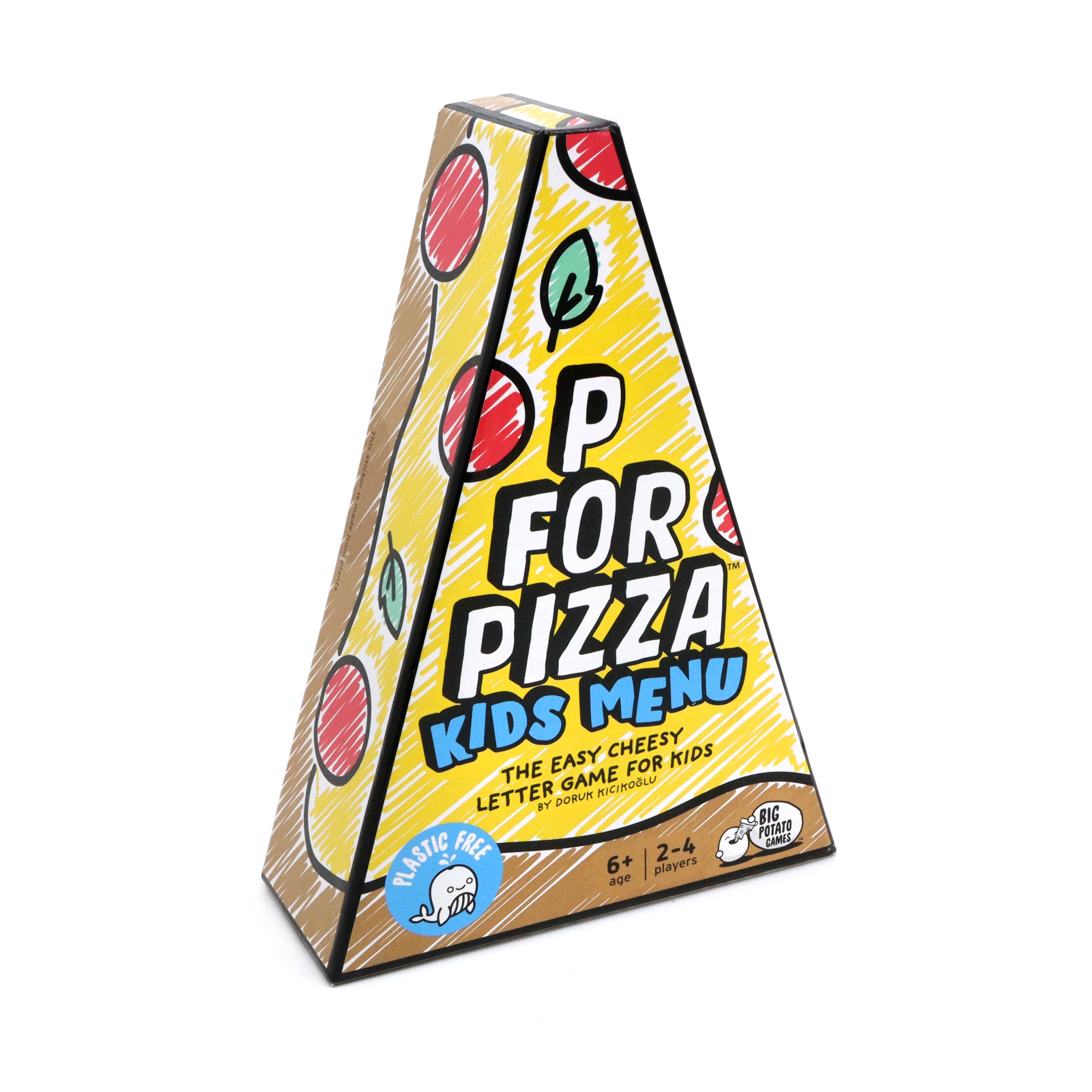 Triangular box with 'P for Pizza Kids Menu' branding on a white background