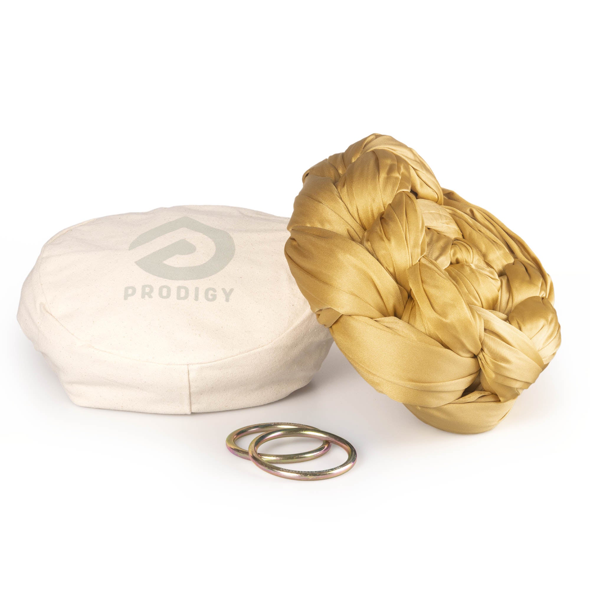 Gold Aerial Sling resting on eco bag with O-rings laying in front