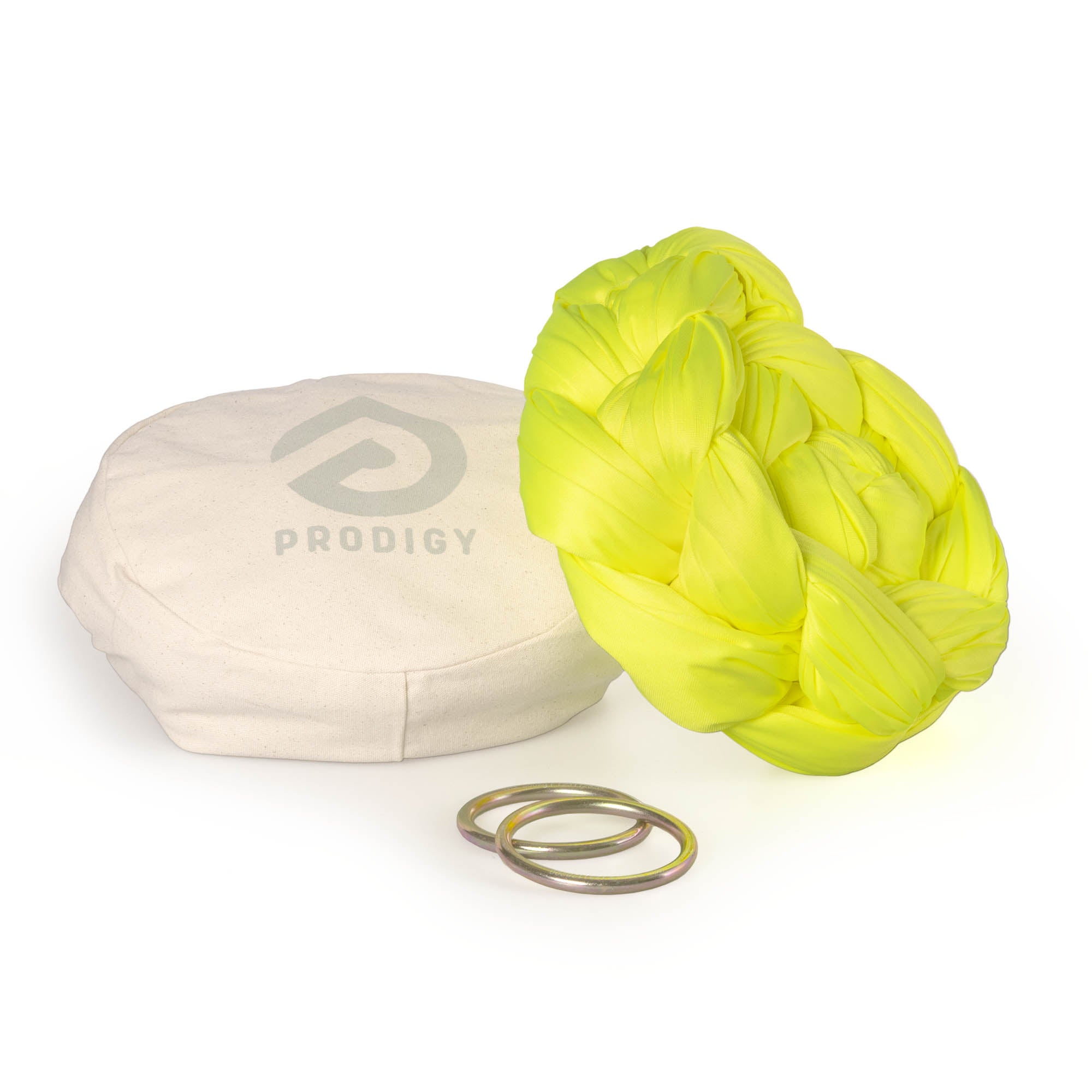 Neon yellow Aerial Sling resting on eco bag with O-rings laying in front