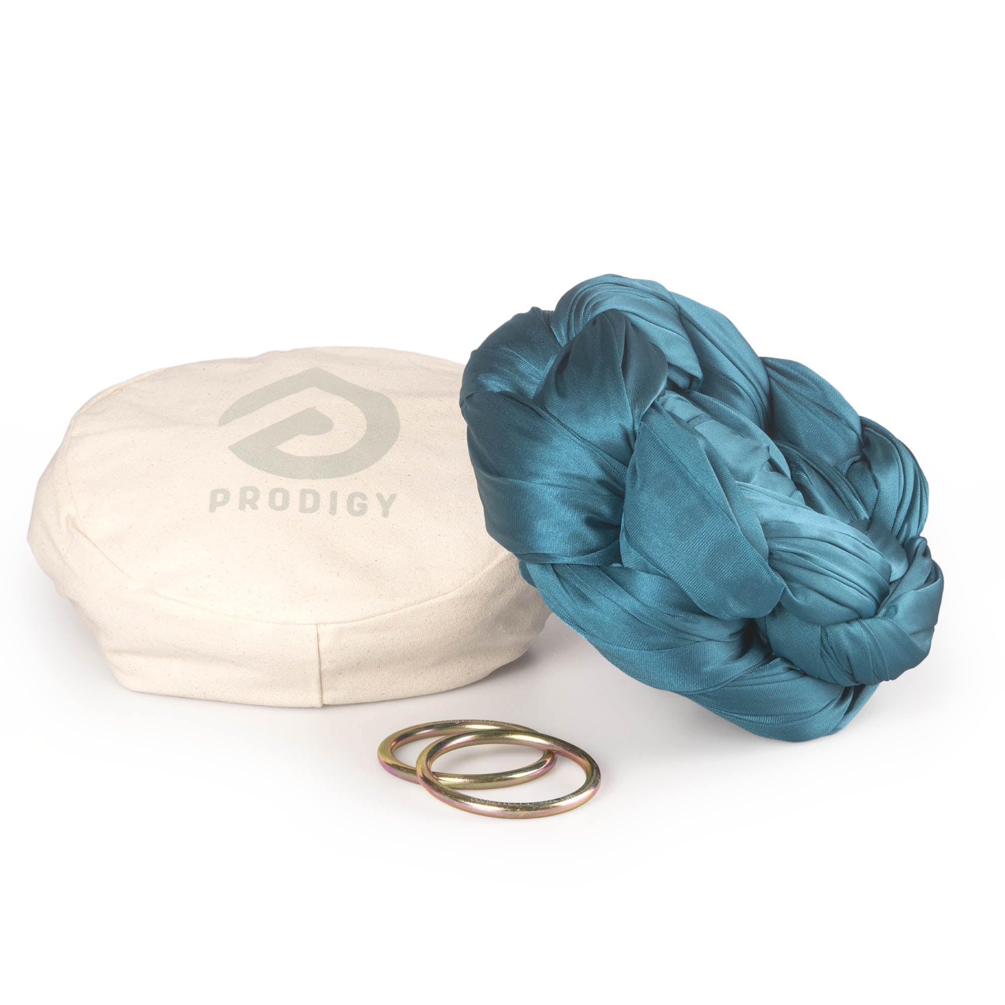 Pine green Aerial Sling resting on eco bag with O-rings laying in front