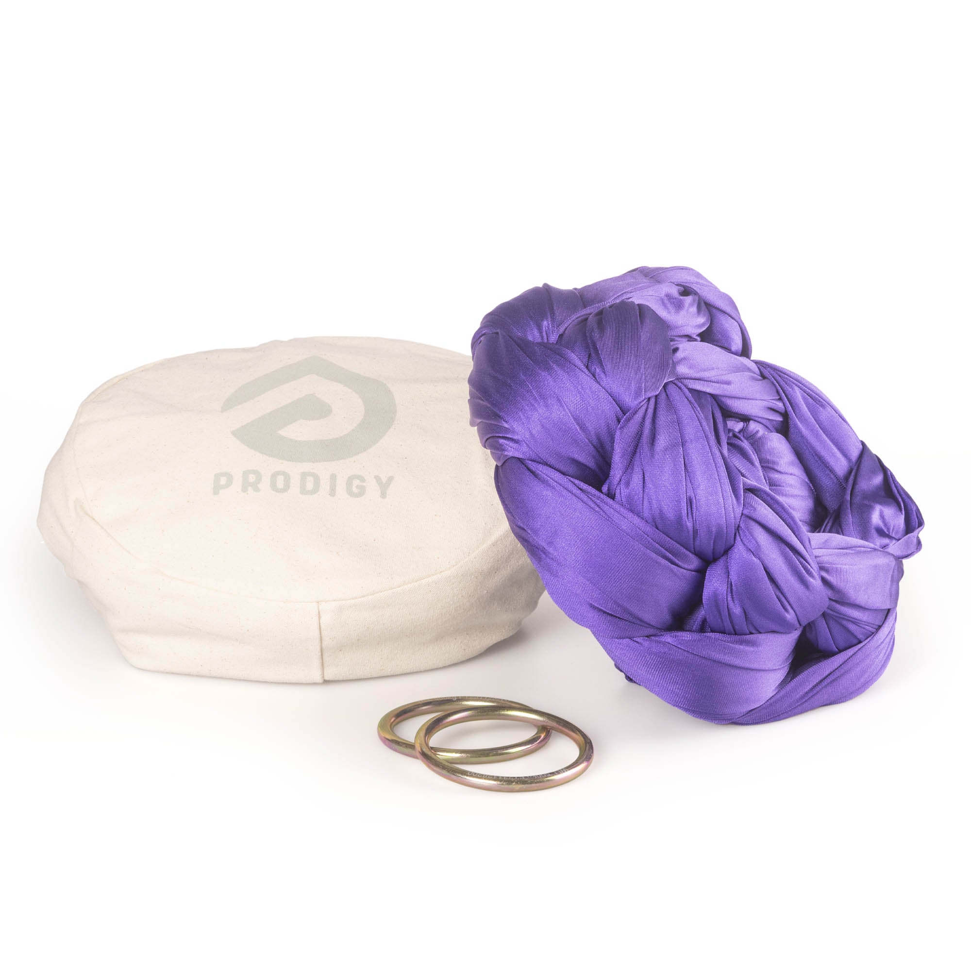 Purple Aerial Sling resting on eco bag with O-rings laying in front