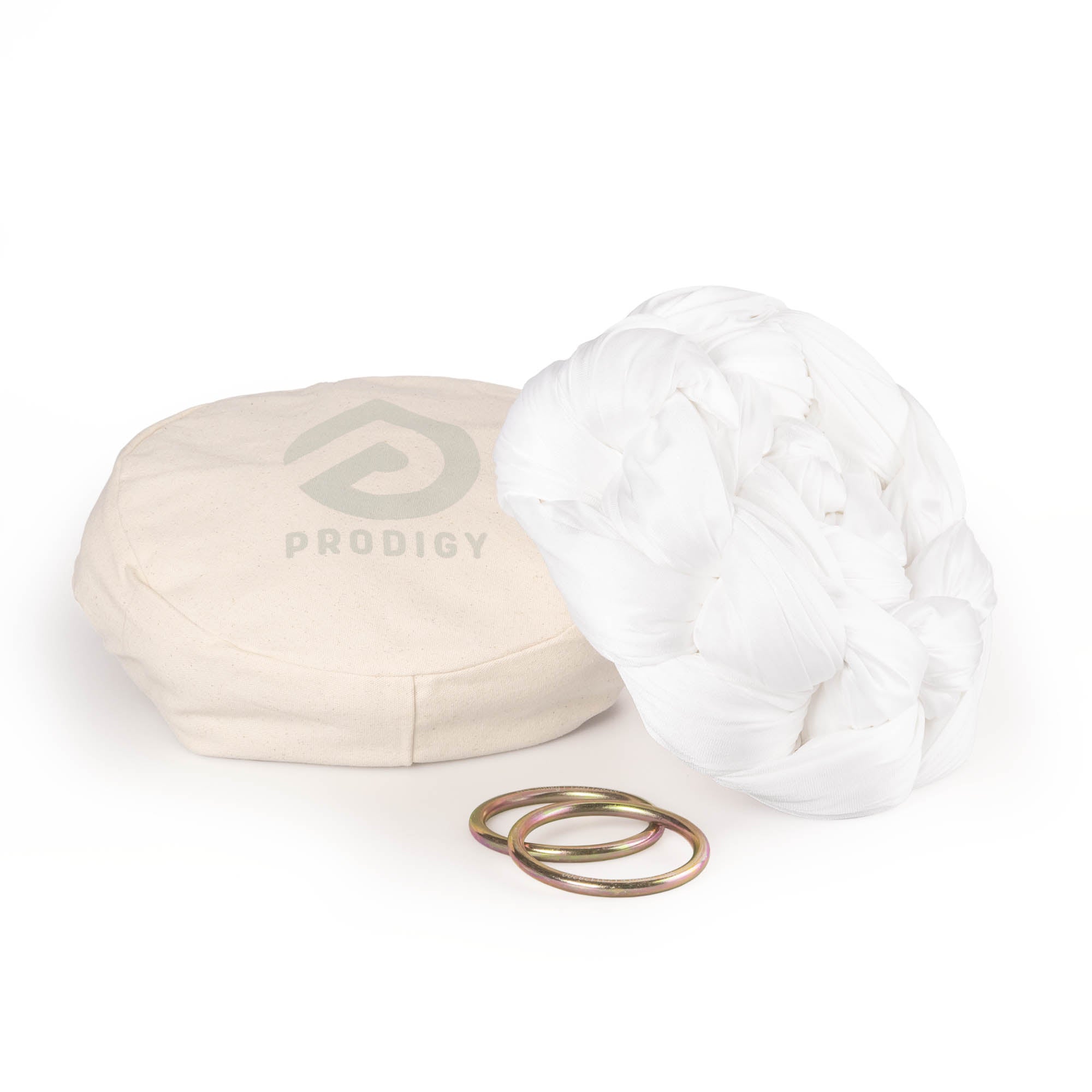 White Aerial Sling resting on eco bag with O-rings laying in front