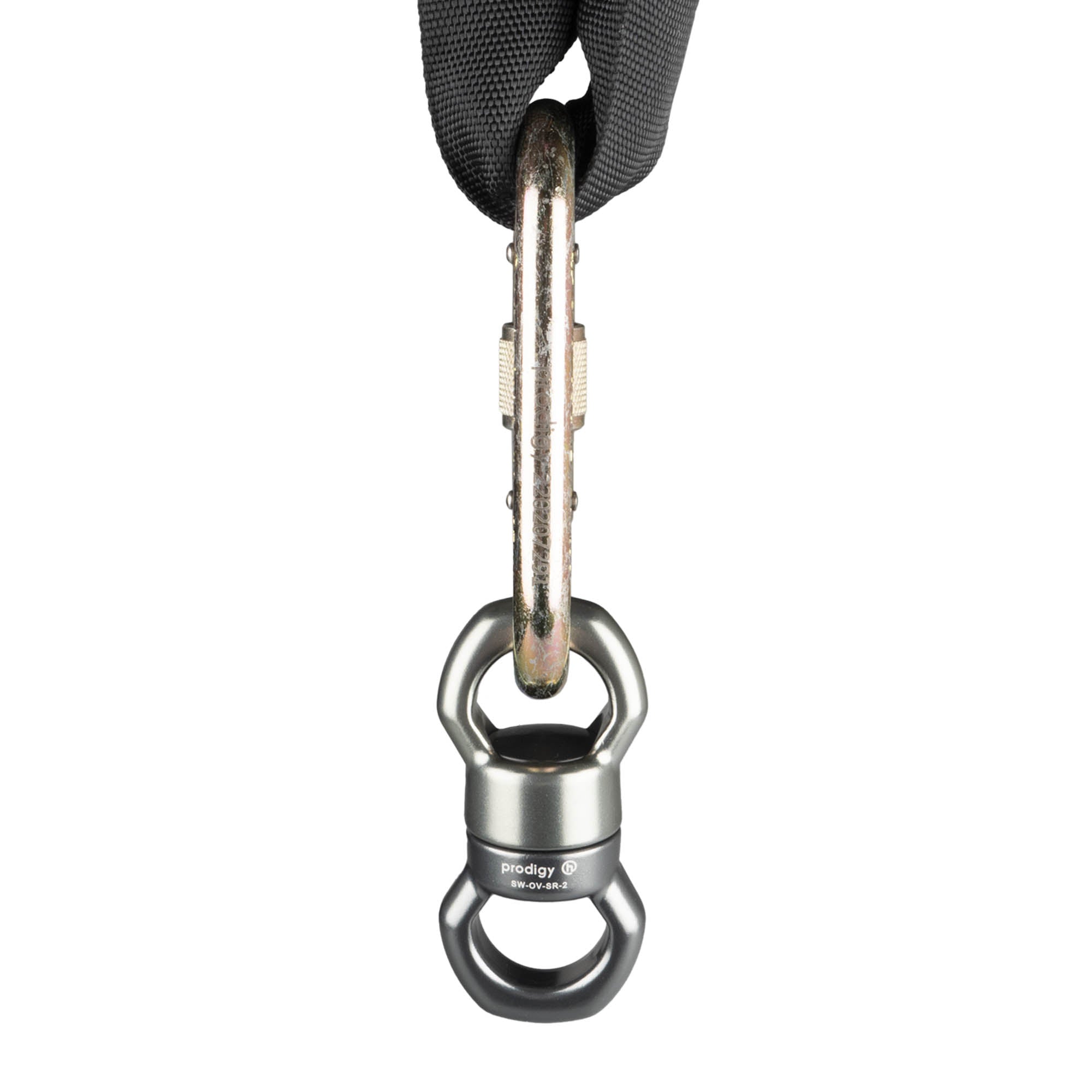 Prodigy SR-2 swivel connected to carabiner connected to strop