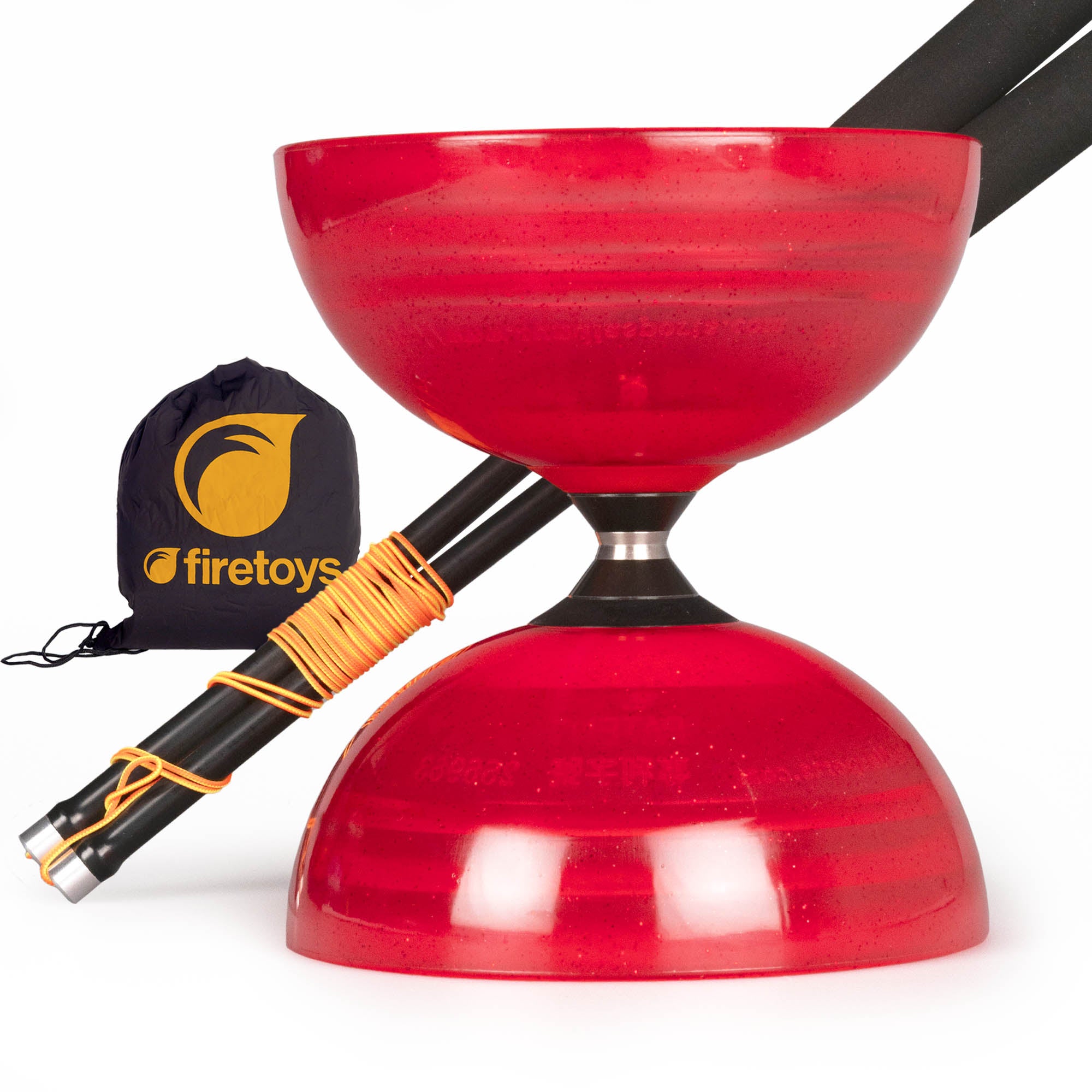 Red diablo with black hand sticks and firetoys bag