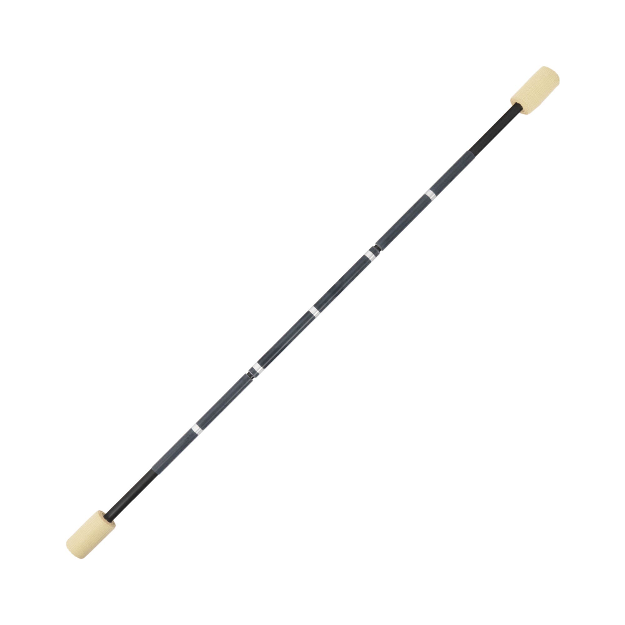A full length three-part contact fire staff with black tubing and silicone grip.