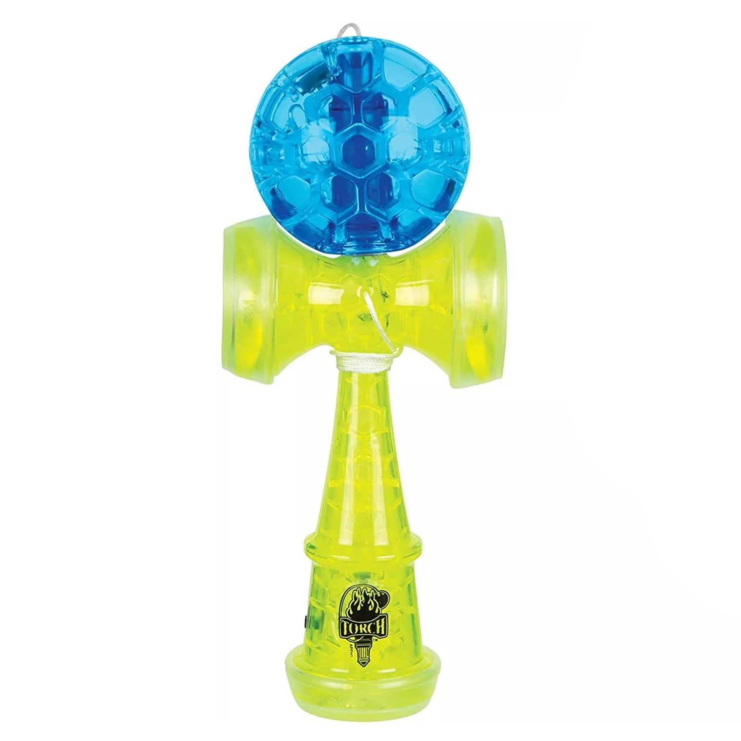 A Duncan Torch LED Kendama toy with a blue ball and yellow handle