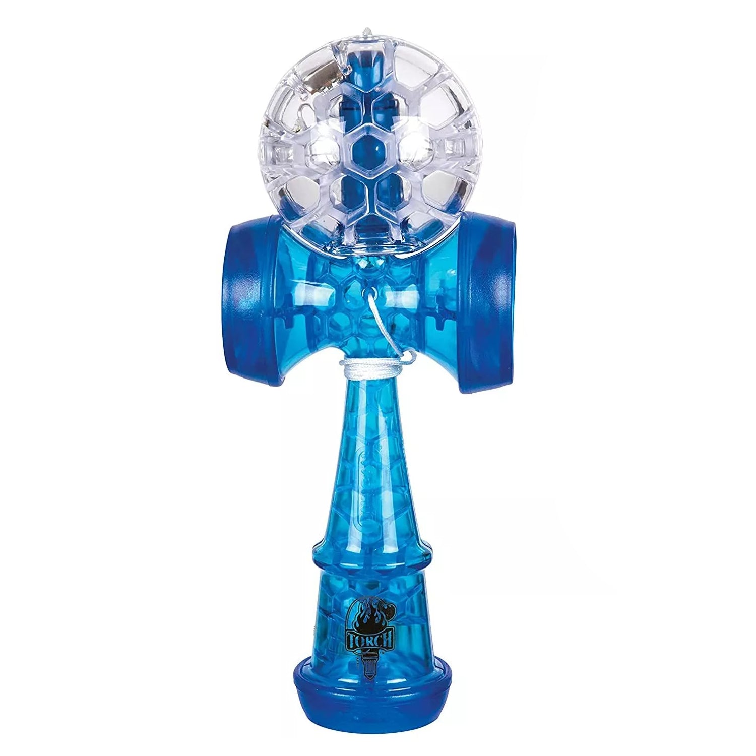 A Duncan Torch LED Kendama toy with a clear ball and blue handle