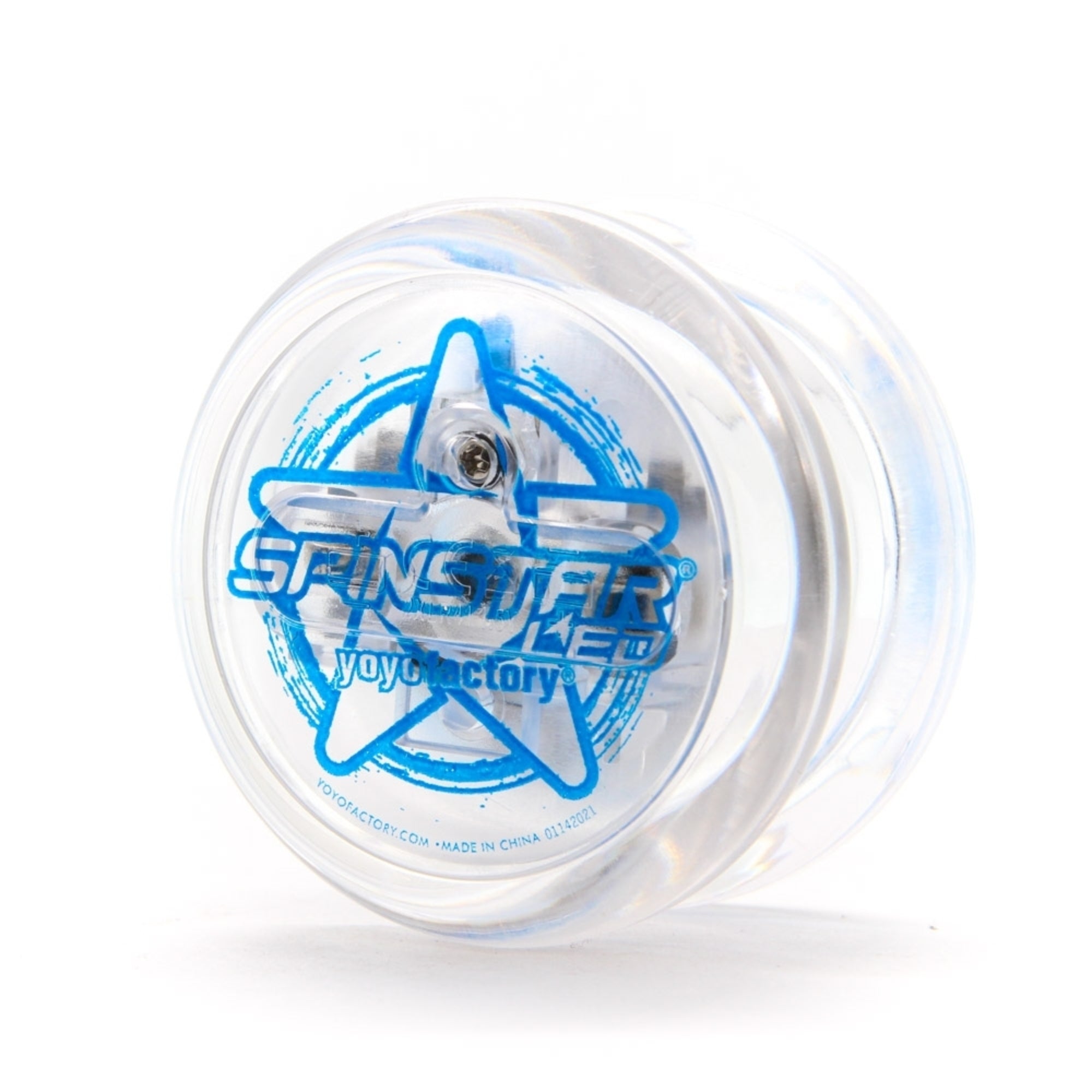 yoyo with clear body and blue writing on the side
