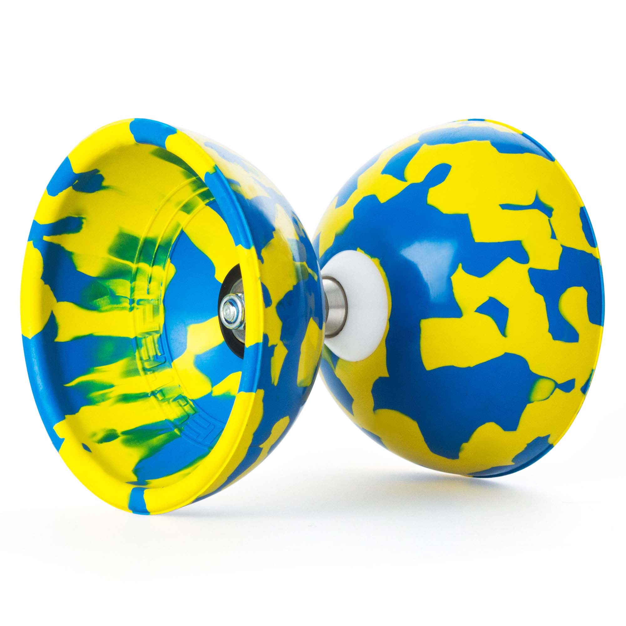 Blue and yellow diabolo on its side