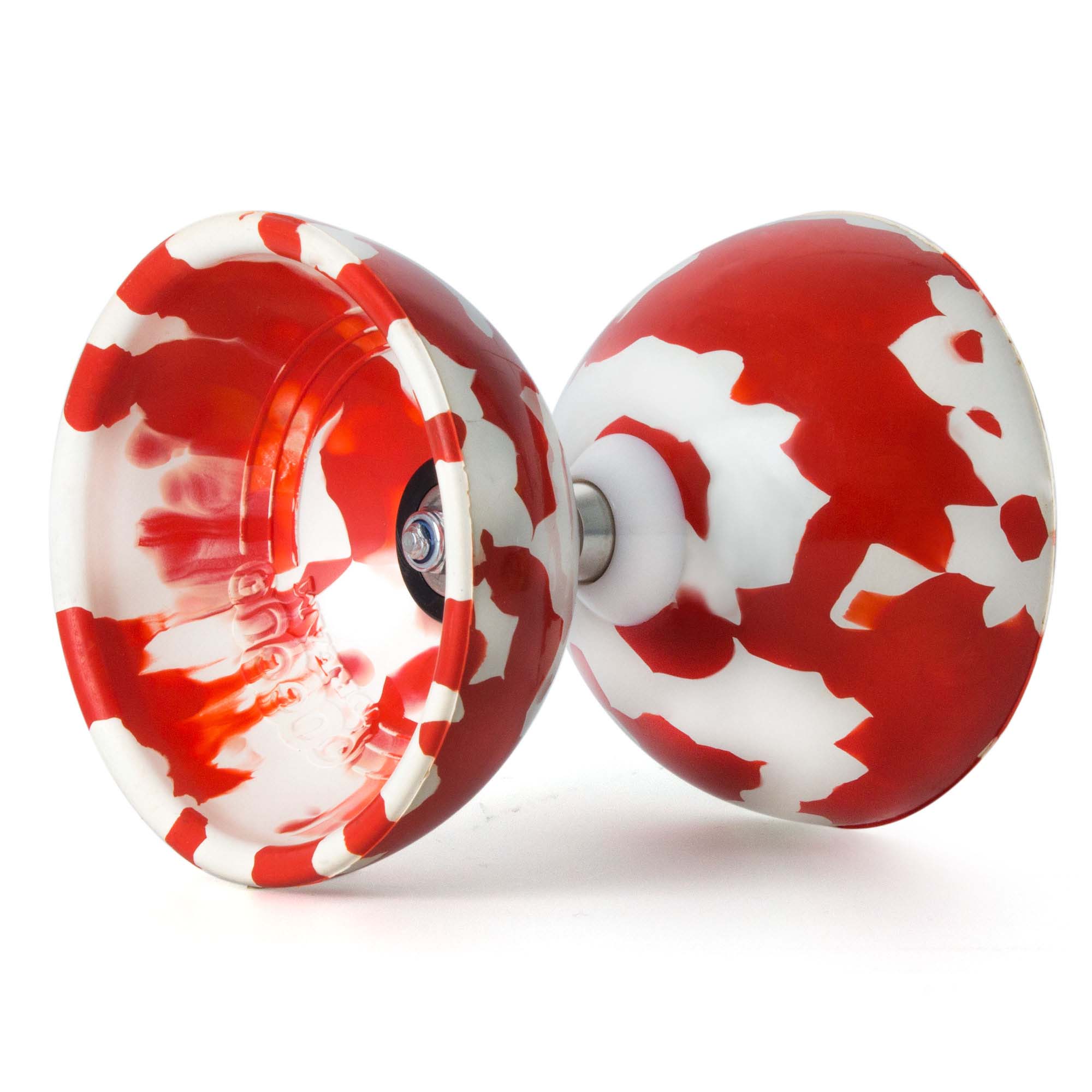 Red and white diabolo on side