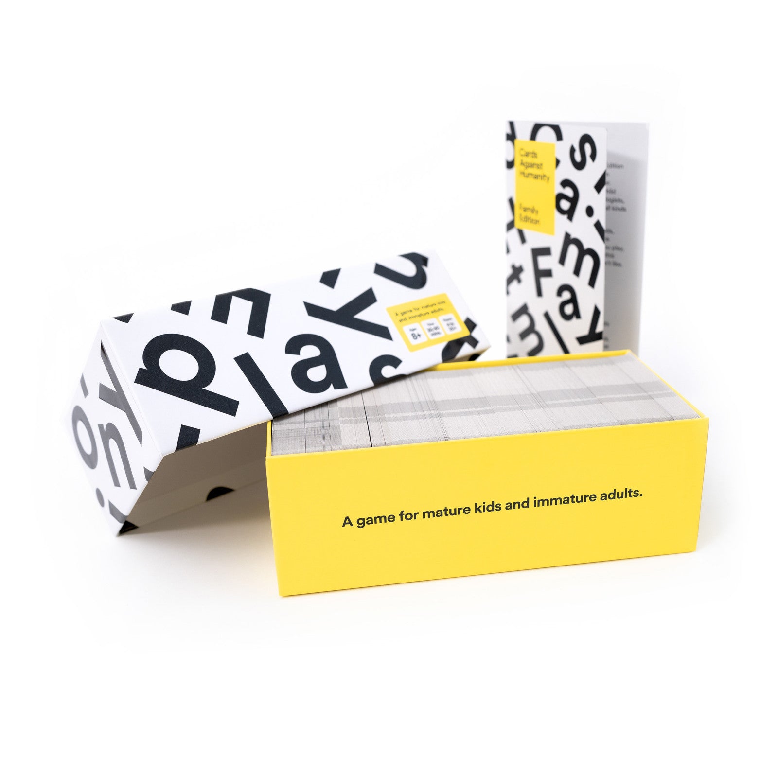Card game packaging with yellow and white design on a white background