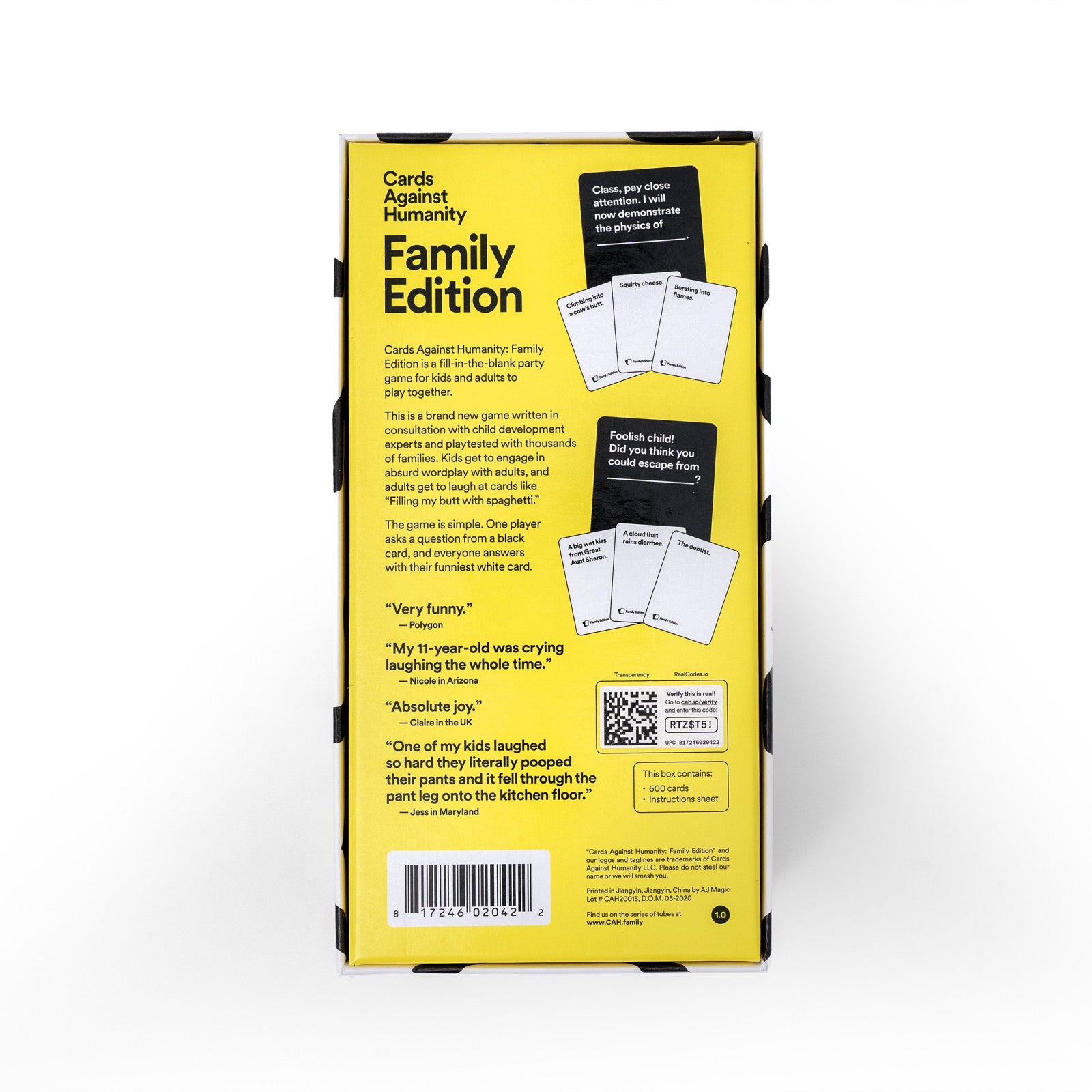 Back of a 'Cards Against Humanity Family Edition' game box with text and images of cards.