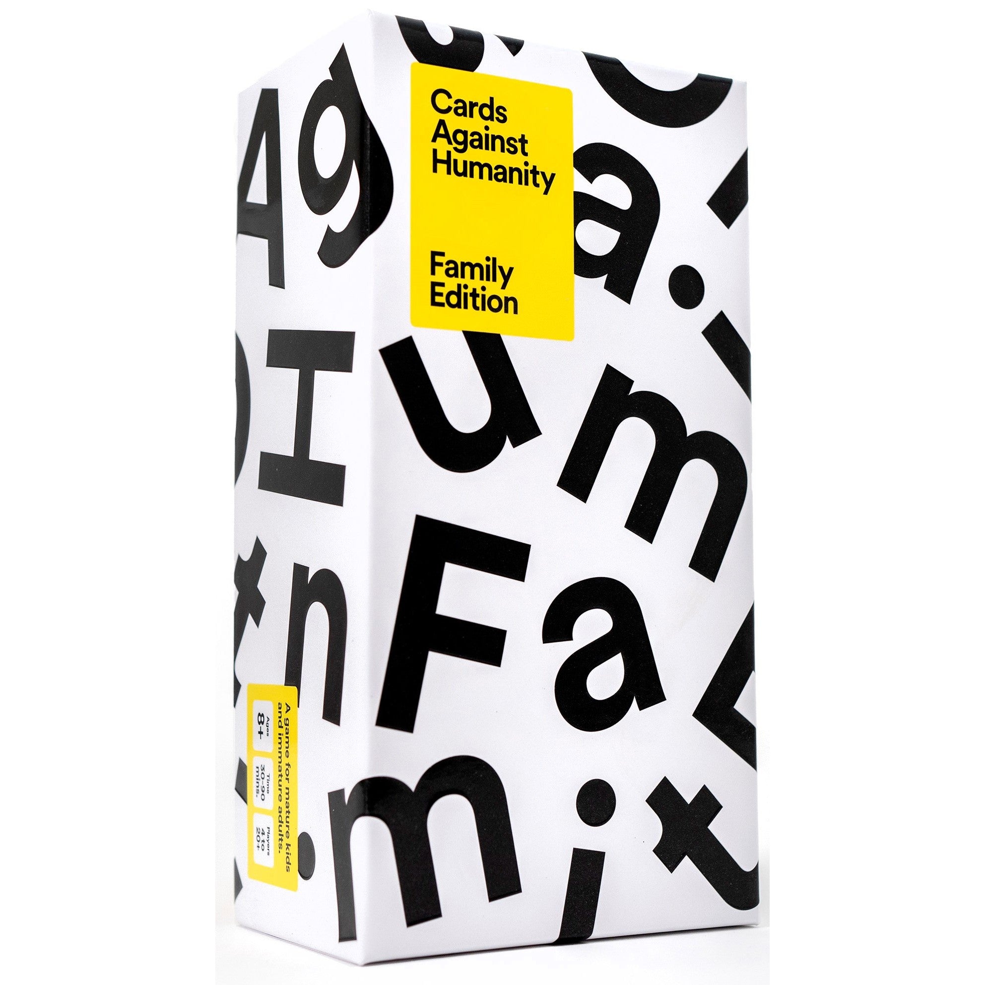 A box of 'Cards Against Humanity Family Edition' with bold black and white text on the packaging.