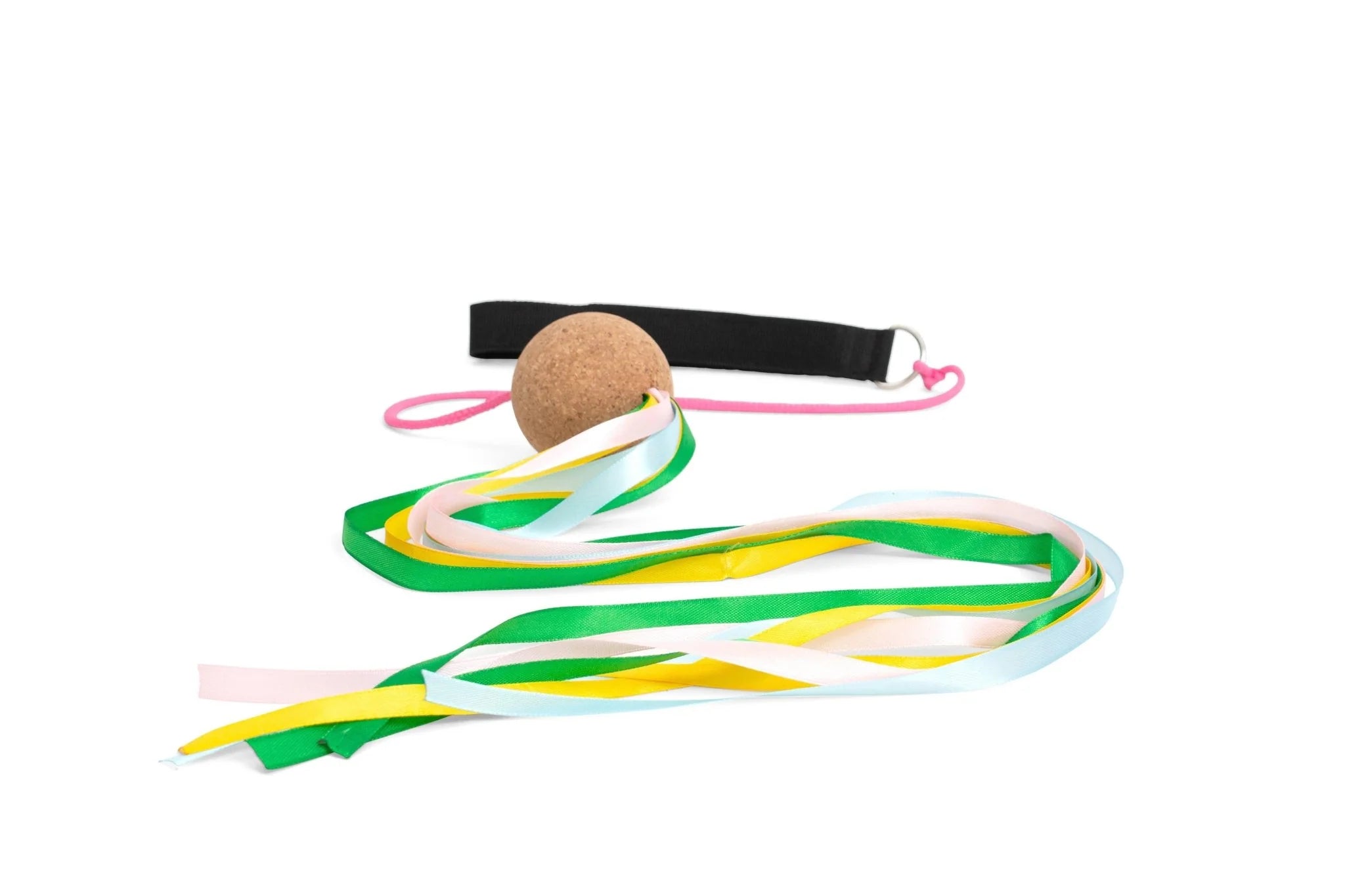 A single poi sling toy with a cork weight, handle, and multicoloured ribbons on a white background.