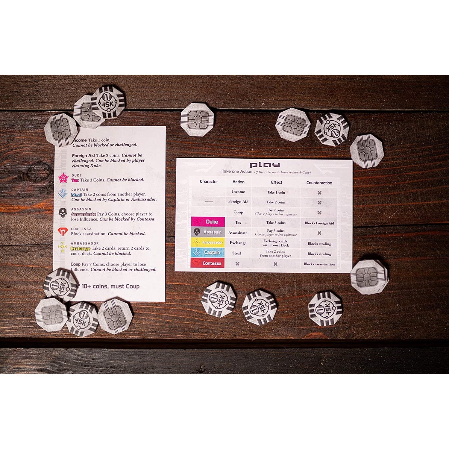 Game components including cards and tokens on a wooden surface