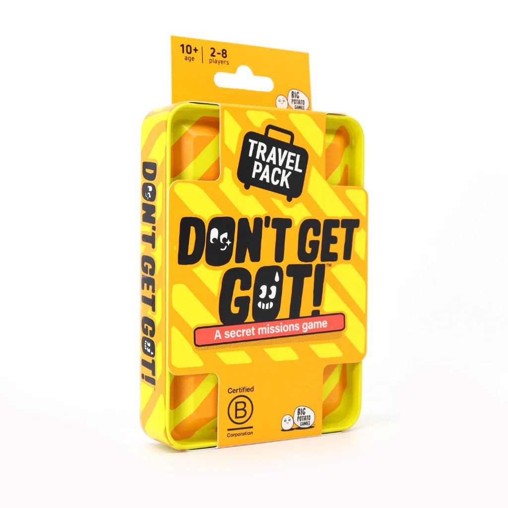 Packaging for the travel-sized game 'Don't Get Got', featuring a yellow and black color scheme