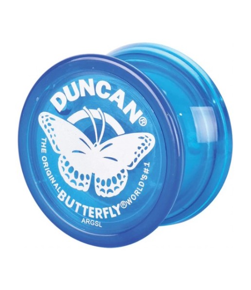 Blue Duncan yo-yo with butterfly logo on a white background
