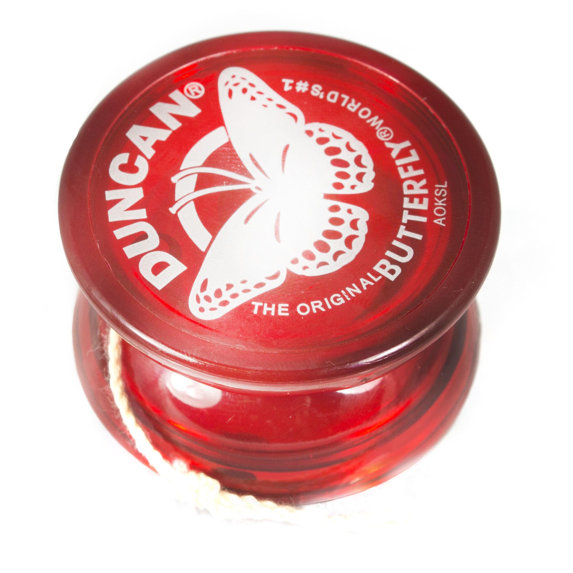 Red yo-yo with butterfly logo on a white background