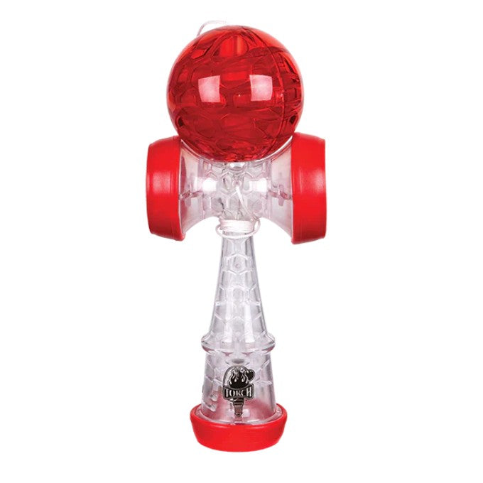 A Duncan Torch LED Kendama toy with a red ball and clear handle