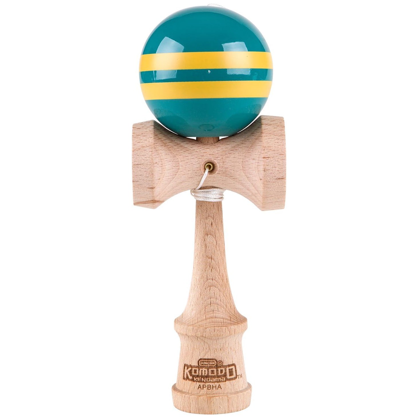 Duncan Komodo Kendama, featuring a wooden handle and a green and yellow striped ball at the top.