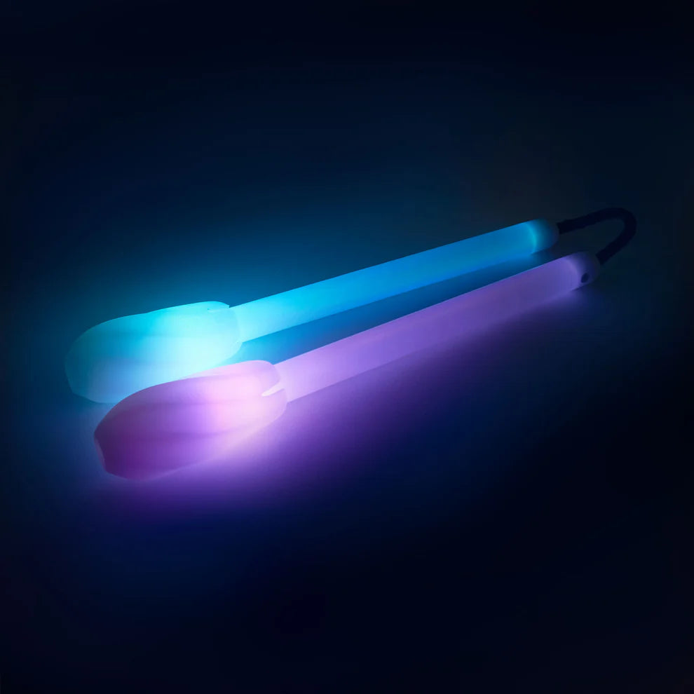 Two glowing nunchucks, one blue and one pink, on a dark background