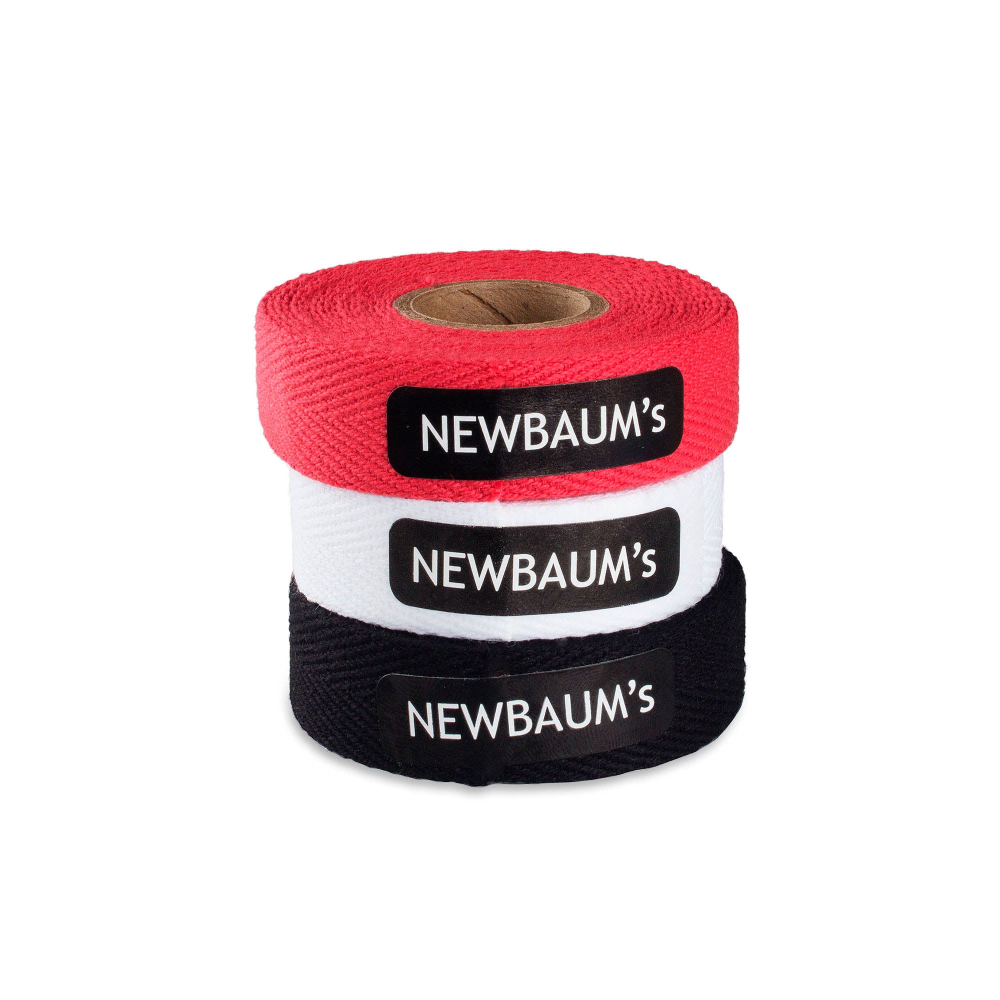 Three rolls of Newbaums tape in red, white, and black on a white background