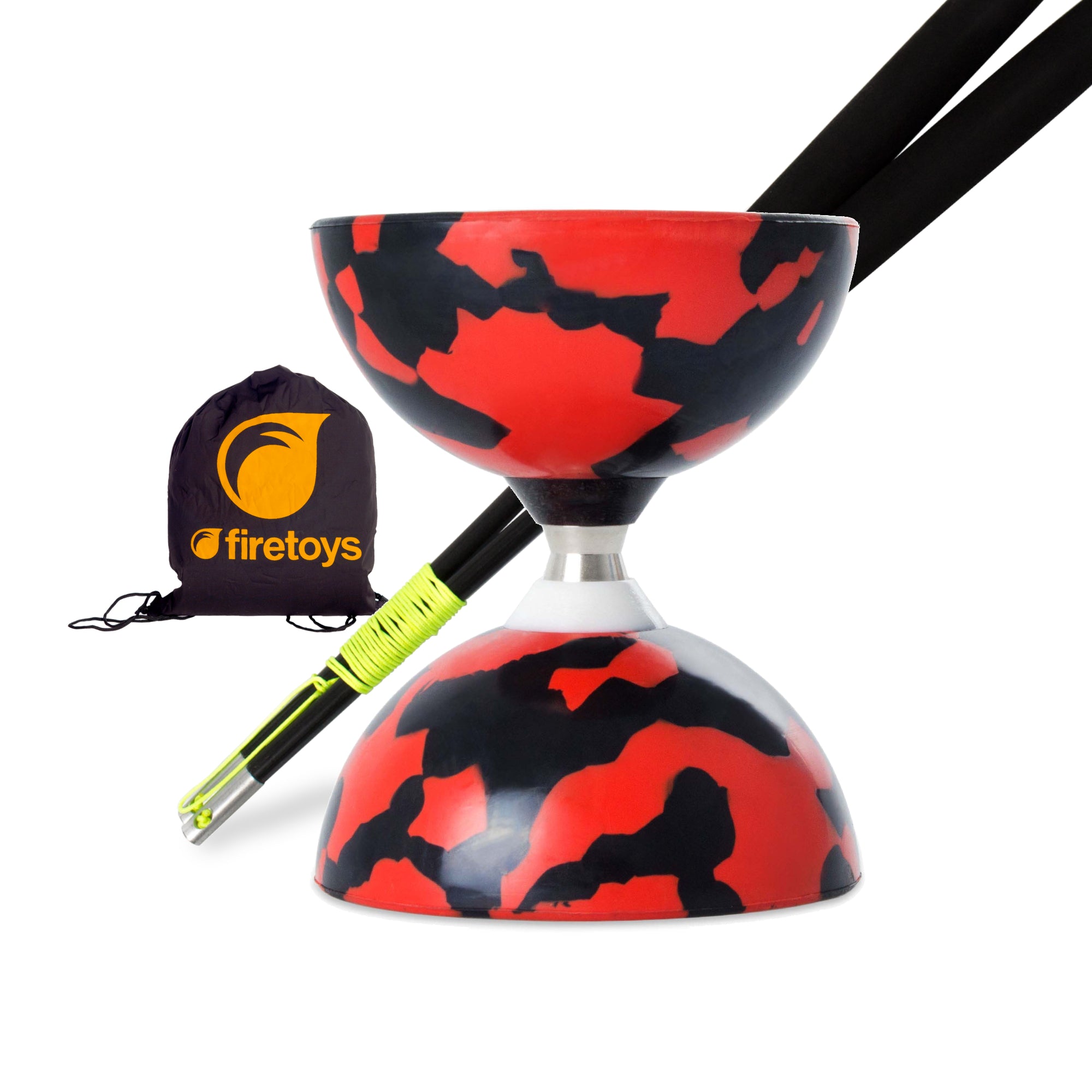 Red and black diabolo, black handsticks and firetoys branded bag