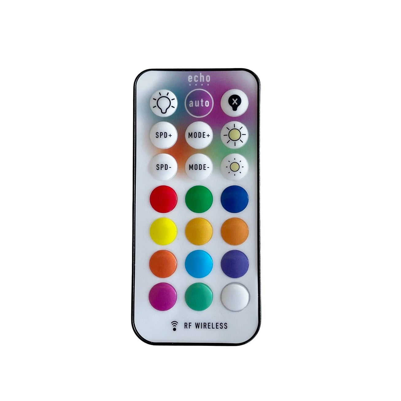 Remote control with colorful buttons on a white background
