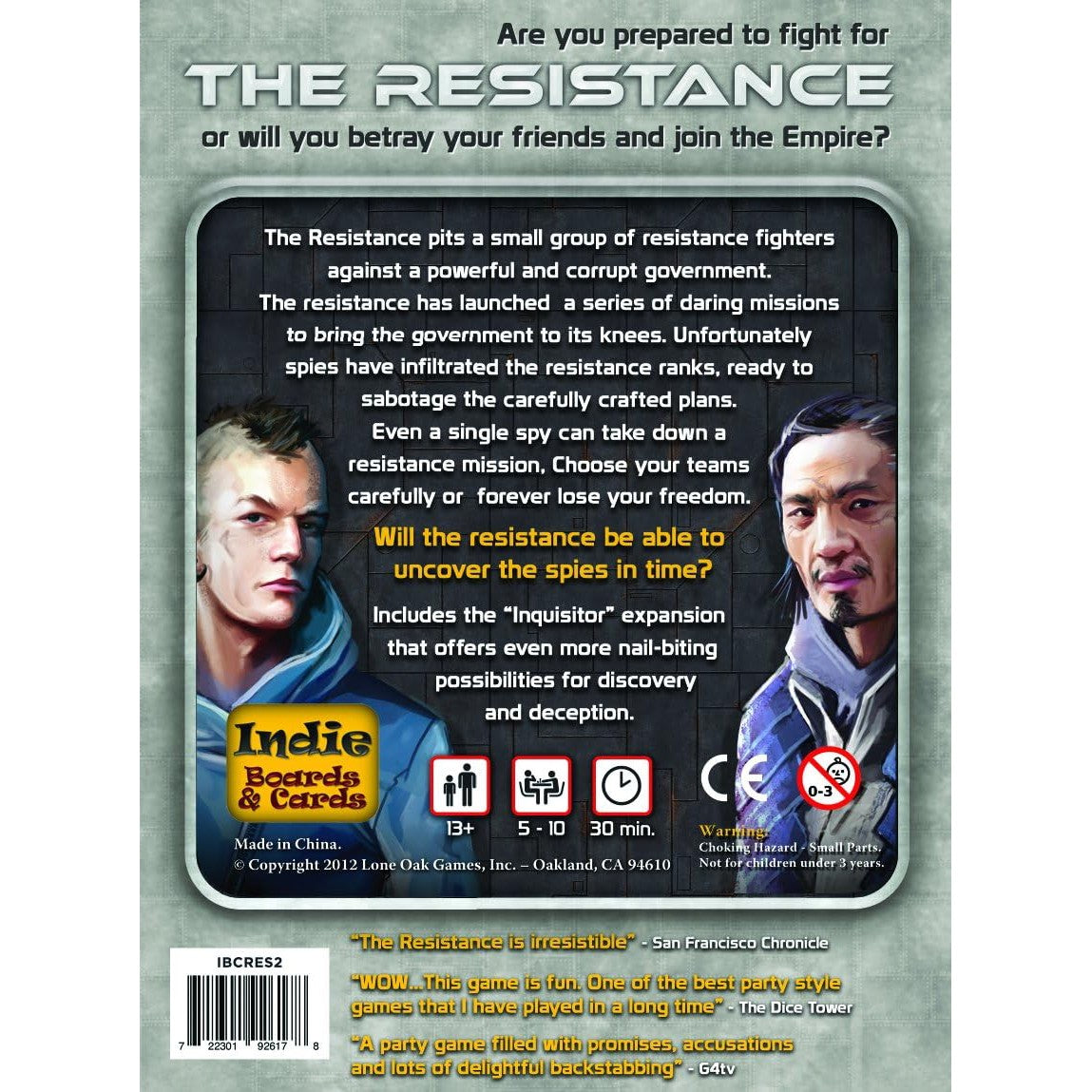 Game box for 'The Resistance' with two characters and game description text.